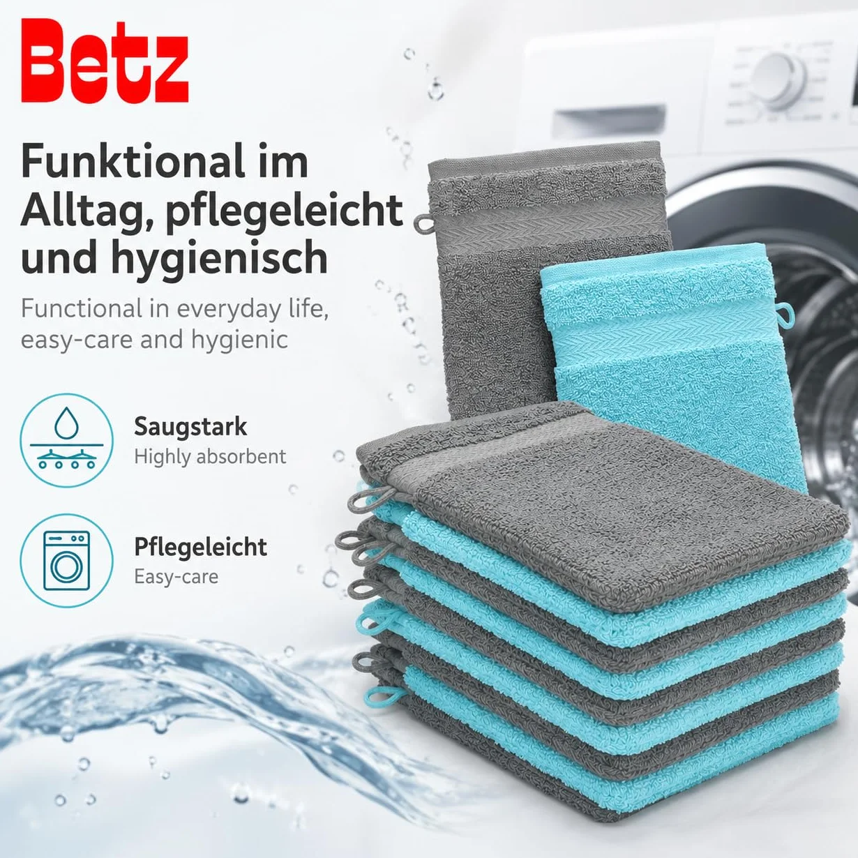 Betz Waschhandschuhe Premium 10 Stück 16x21 cm – 100% Baumwolle 470g/m² – Weiche Frottee Waschlappen – Pflegeleicht & saugstark – Farbe anthrazit und türkis