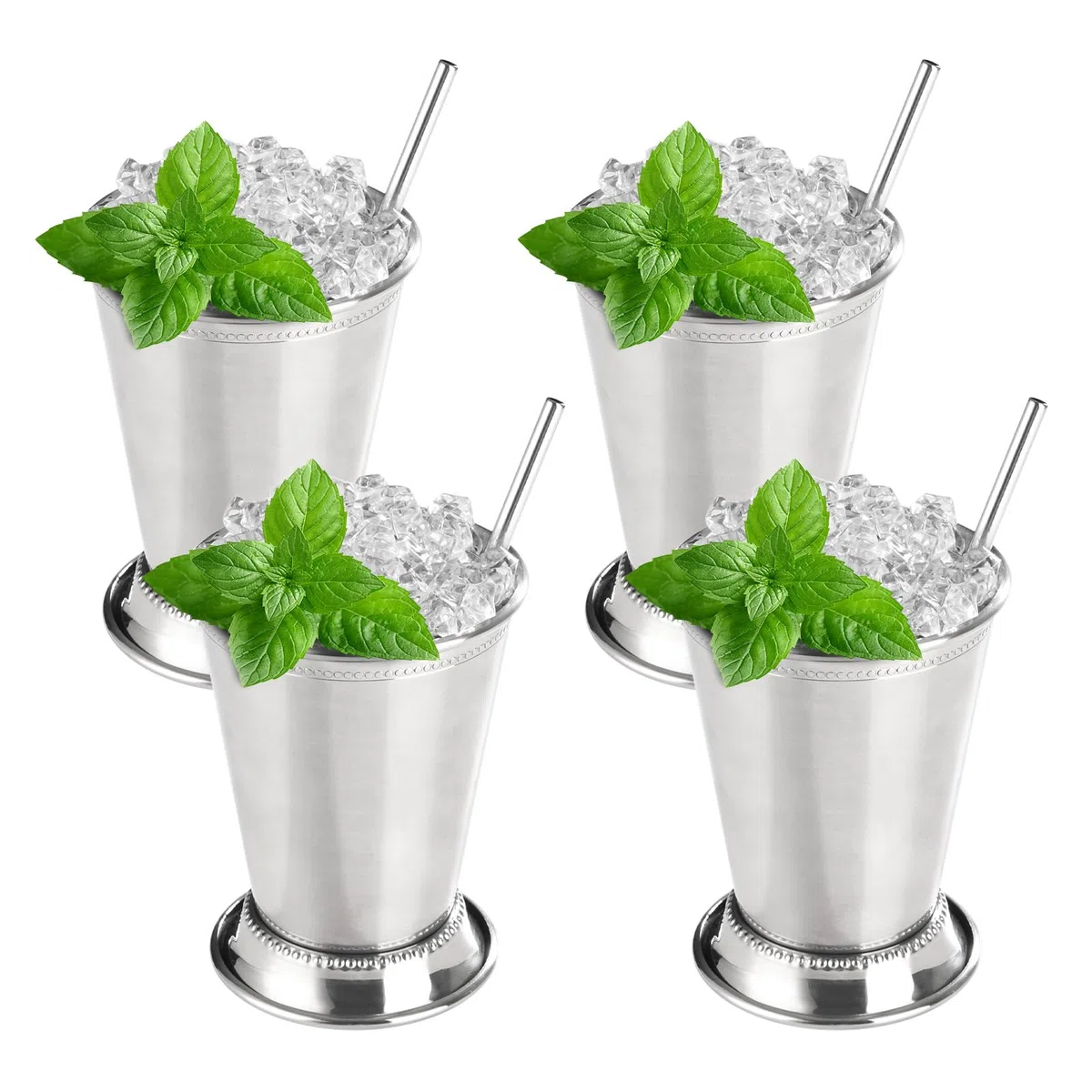 Fijinhom Julep-Becher mit Strohhalmen, Edelstahl, Perlen, Minze, Julep-Gläser für Cocktails, gemischte Getränke, Metallbecher für Bier, Saft, Getränke, Party, Bar, Zuhause, Restaurant, 340 ml, 4 Stück