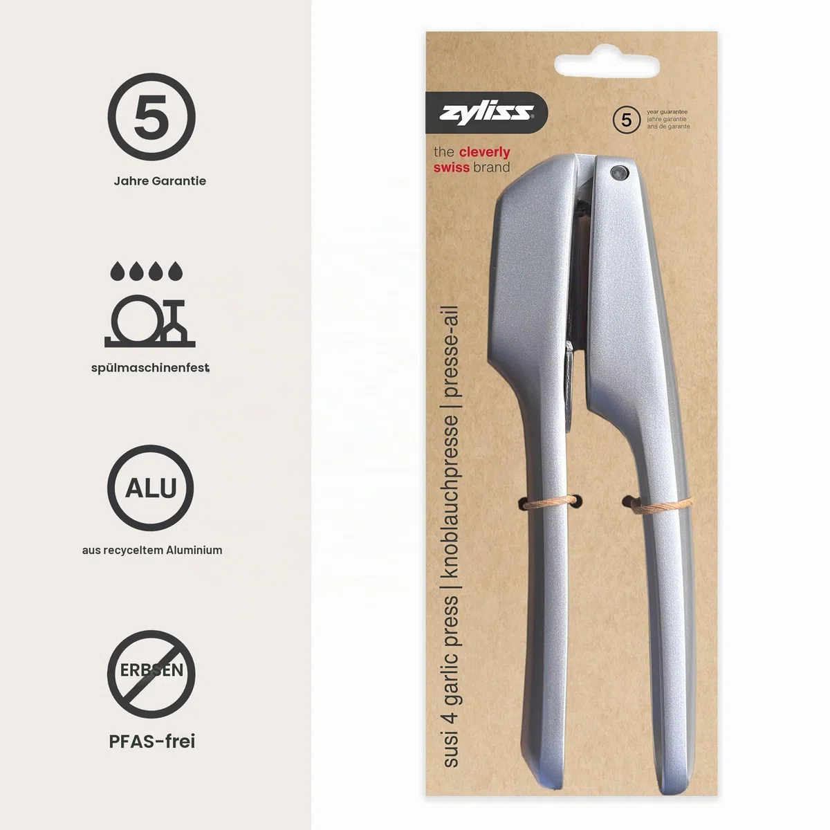 Zyliss Knoblauchpresse Susi 4, praktische Presse für große Knoblauchzehen auch mit Schale, Alu/Edelstahl, Antihaftbeschichtet, leicht zu reinigen, ergonomische Griffe, premium Küchenhelfer