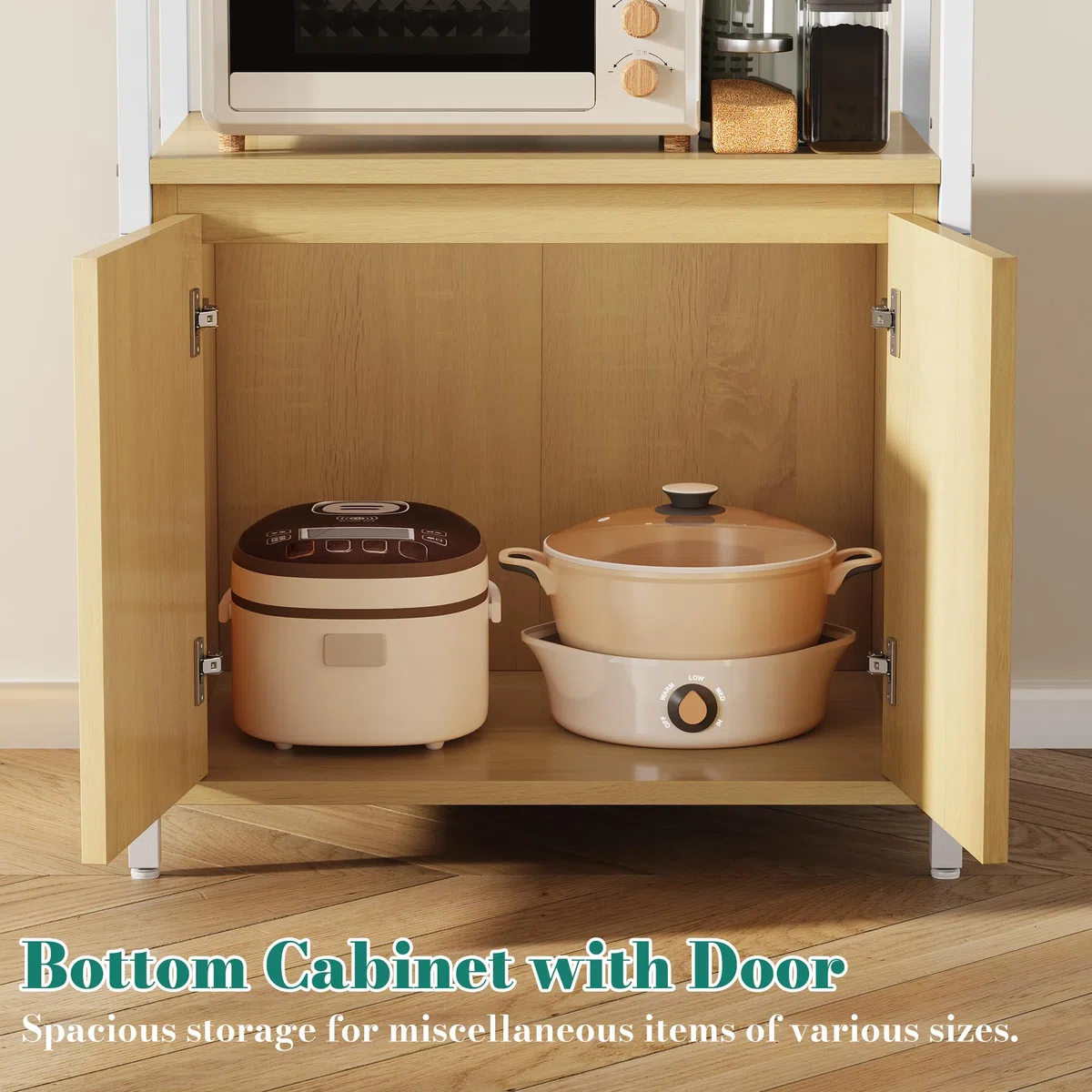 YITAHOME Küchenregale, Mikrowellenregal, Bäckergestelle für Küchen mit Stauraum, Kaffeebar, 3-stöckiger Snackständer mit Schrank, 56 x 36 x 121 cm, gelbe Eichenbretter, weiße Eisenrohre