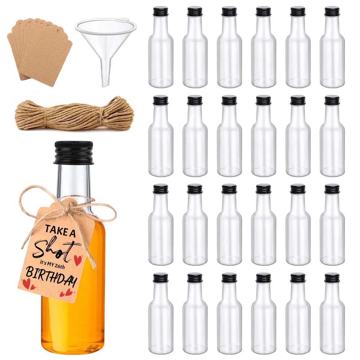 HIMOMO Kleine Flaschen zum Befüllen, 24 Stück 100ml Mini Shot Flaschen mit Deckel, Kunststoff Likörflaschen, kleine Schnapsflaschen, inklusive 15m Juteschnur, 40 Anhängern und Trichter Small Bottles