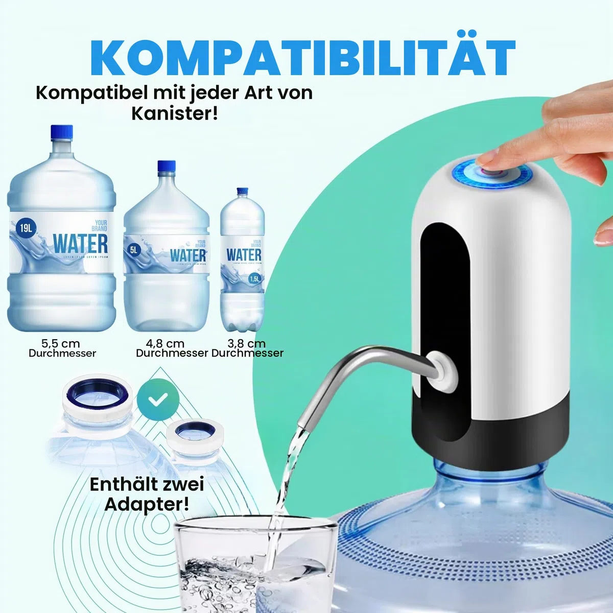 Wasserspender, elektrischer Wasserhahn für Kaltwasserkanister, Dosierpumpe mit zwei Adaptern, 5,7 l, 10 l, 11,3 l, 15 l, 18,9 l.