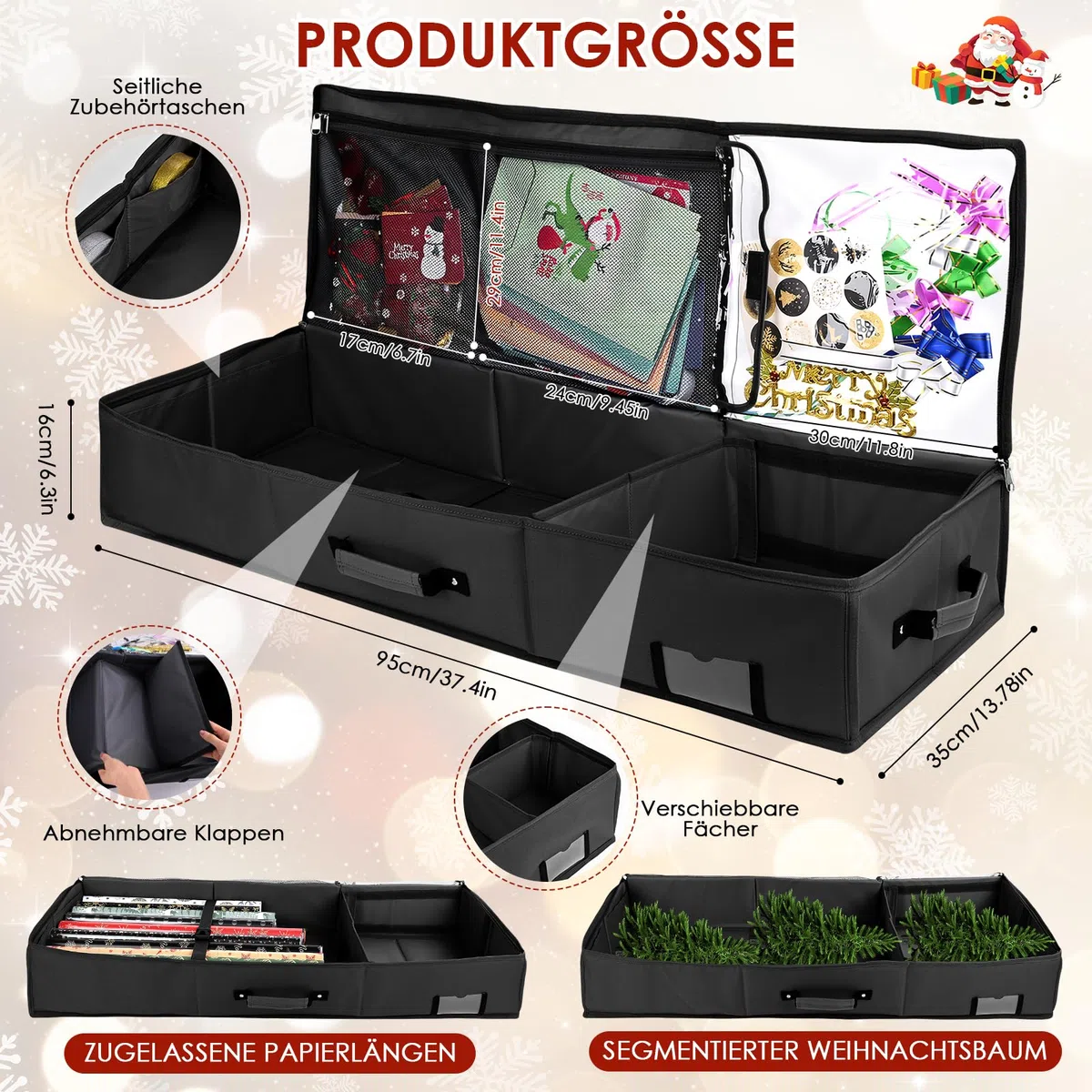 Geschenkpapier Aufbewahrung,Groß Geschenkpapier Organizer 95x35x16 cm,Wasserdichtes 600D Oxford Gewebe Geschenkpapier Aufbewahrung Organizer, Aufbewahrung Geschenkpapierrollen mit Fächern (Schwarz)