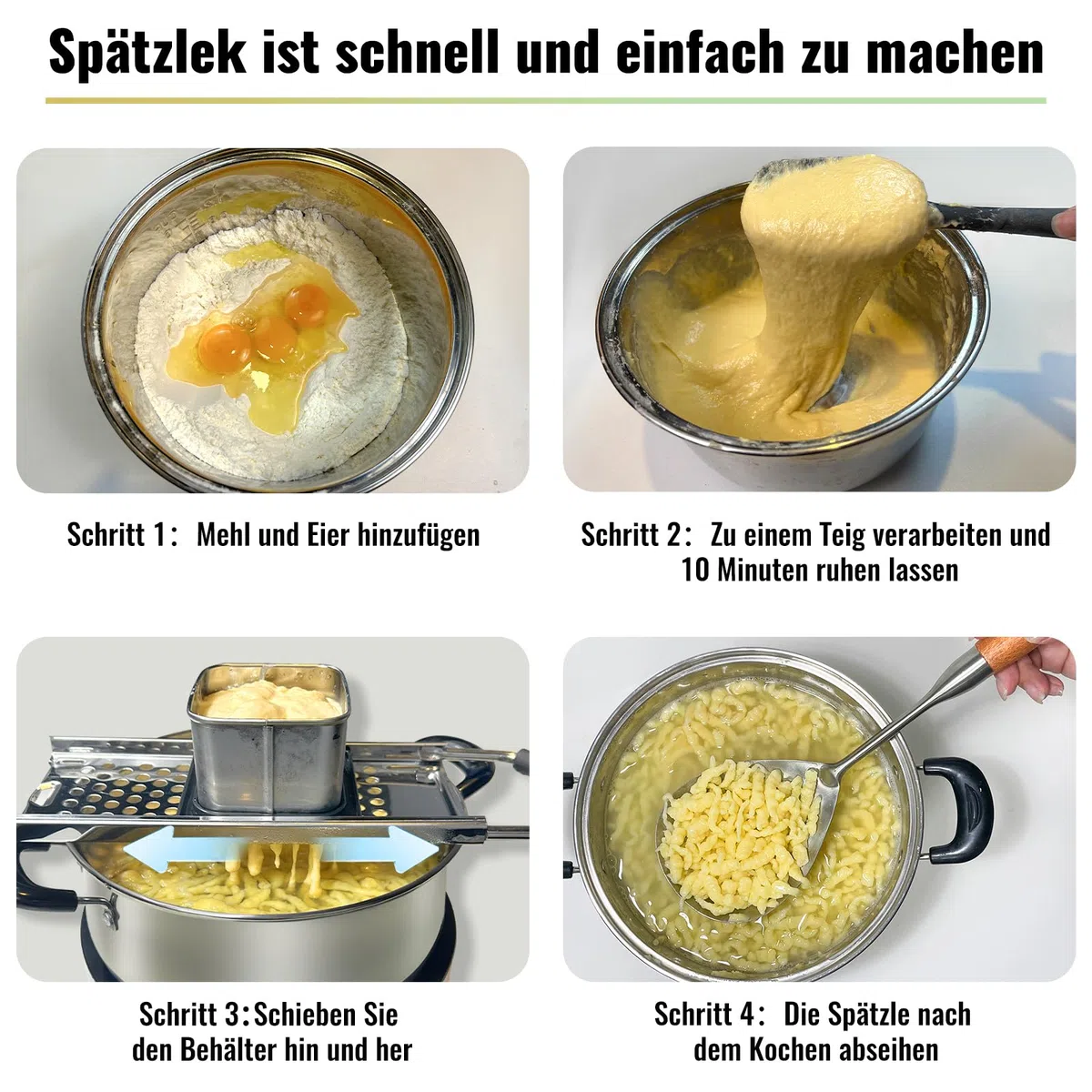 Spätzlehobel,Spätzlepresse mit Gummigriff,Spätzlereibe aus hochwertigem Edelstahl spülmaschinenfest,Spätzlesieb ist ideal für selbstgemachte Spätzle und Knöpfle für alle Töpfe bis Ø 30 cm.