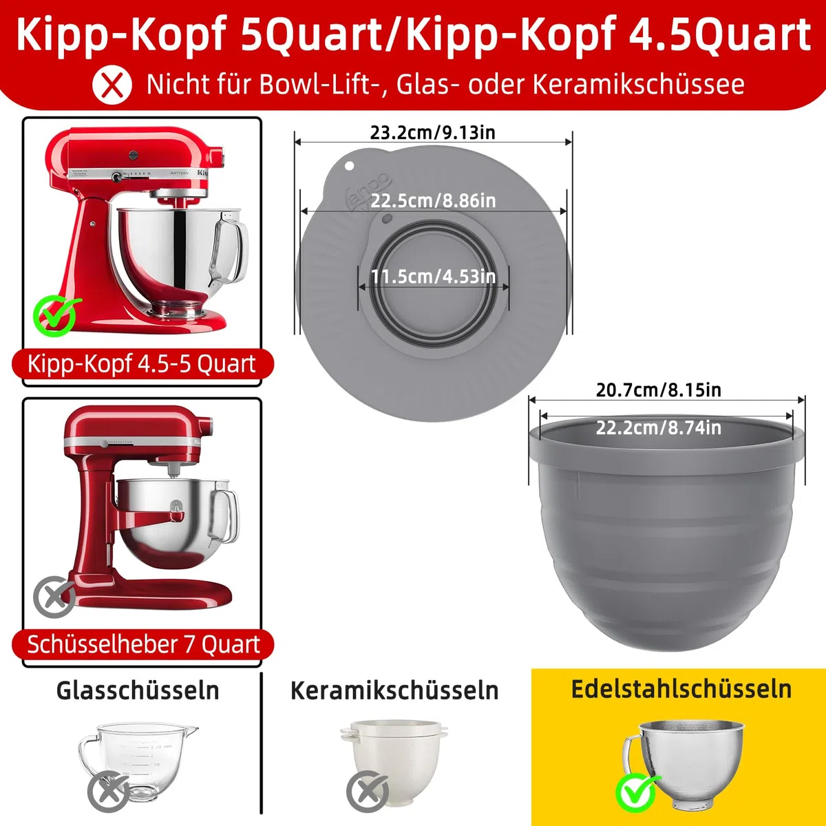 Kitchen Aid Zubehör, Lebensmittelechter Silikon Spritzschutz, Rührschüssel Abdeckung für 4.5-5 QT Artisan Kipp-Kopf Standmixer, 3-in-1 Silikon Mixerschüssel Set,Geschenkbox
