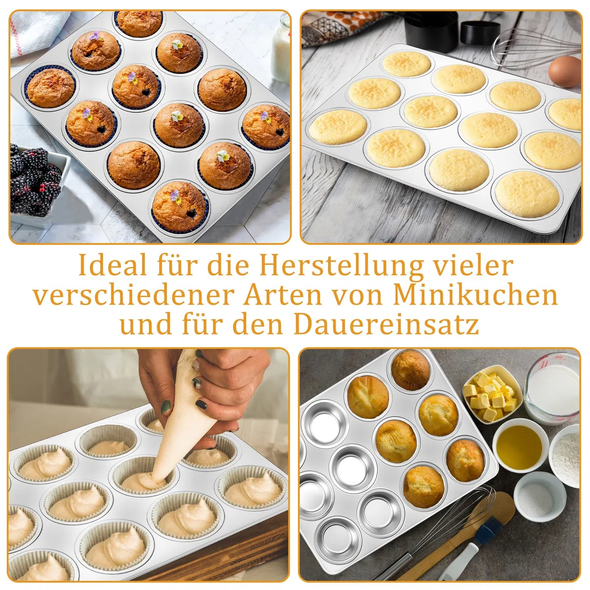 Herogo Muffinform, 12 Muffins Edelstahl Muffinblech, Metall Muffin Backform für Cupcake, Yorkshire Pie, Pudding, Muffin Kuchenform für Leicht zu reinigen, spülmaschinenfest, Ungiftig, Silber