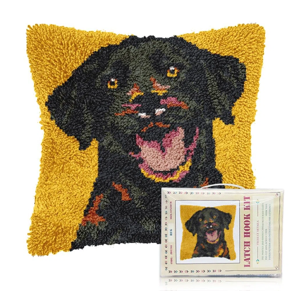 FREEBLOSS REEBLOSS 17x17 Knüpfset Für Erwachsene Und Anfänger Labrador Muster Vorgedrucktes DIY Häkel Und Knüpfkissen Set Kissenbezug Für Die Sofadekoration Mit Anleitung