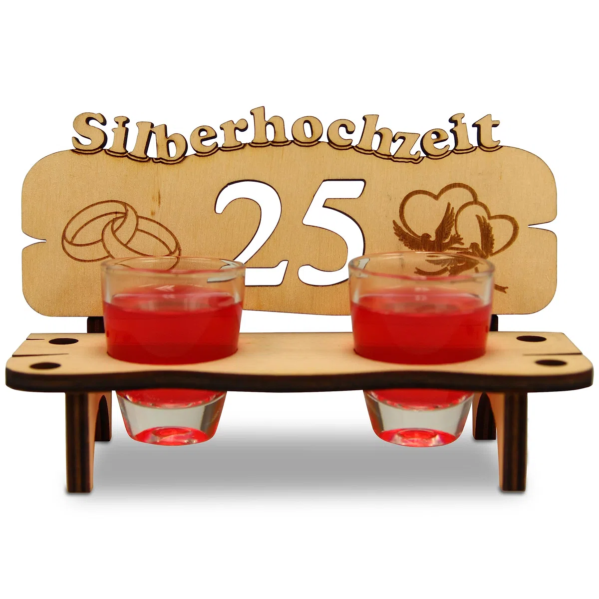 Urhome Hochzeit Schnapsbank aus Holz und 2 Schnapsgläser - 25. Hochzeitstag zur Silberhochzeit - Hochzeitsbank mit Gläser zum Jubiläum Jahrestag - Hochzeitsgeschenk für Brautpaar