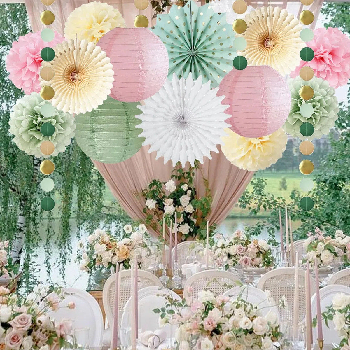 Salbeigrün und Rosa Party Deko Salbeigrün Beige Papierfächer Rosa Papierlaternen Salbei Geburtstag Mädchen Frau Deko mit Kreisgirlande für Babyparty Hochzeit Brautdusche Geburtstag Deko