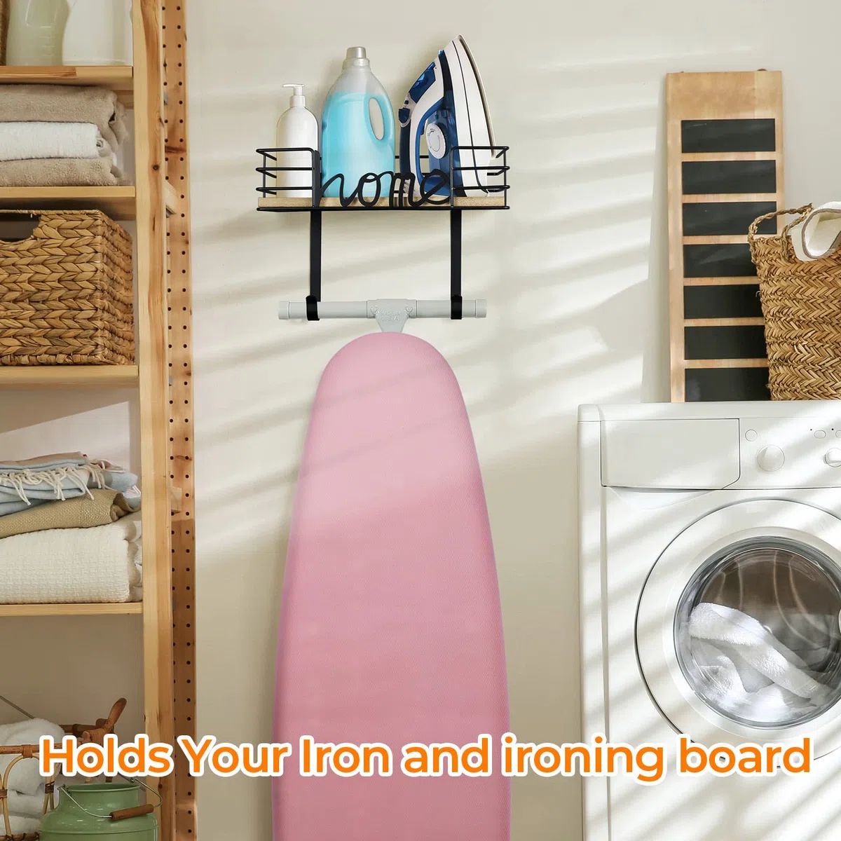 TJ.MOREE Ironing Board Hanger, Iron Holder Wall Mount, Wall Mounted Ironing Board,ironing Board Hook,Bügelbrett wandmontage, Mit Großem Aufbewahrungskorb Aus Holz Und Abnehmbaren Haken (schwarz)