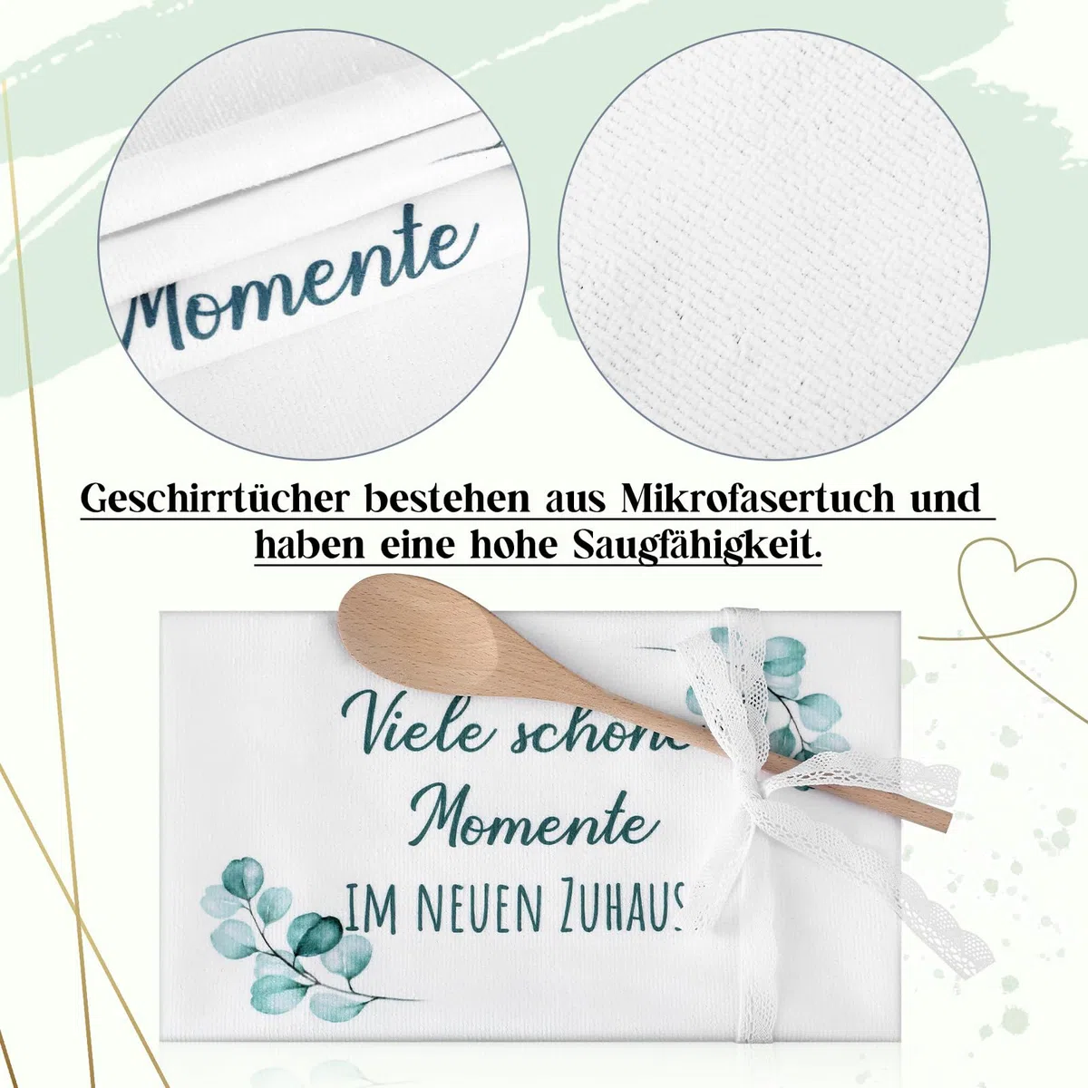 Sinmoe Geschenk zum Einzug Einzugsgeschenke Haus Brotkorb Brot Salz Wein Aufkleber Geschirrtuch Kochlöffel Einweihungsgeschenk zum Wohnung Richtfest(Eukalyptus,Viele schöne Momente im neuen Zuhause)