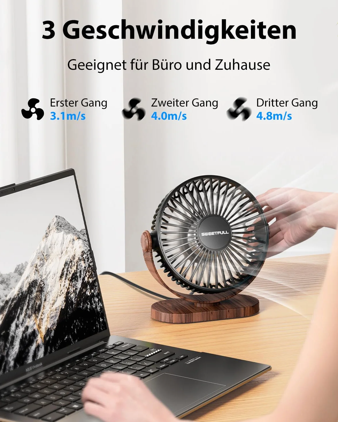 SWEETFULL USB Ventilator, Mini Ventilator Klein Tischventilator Leise, 3 Geschwindigkeiten Desk Fan, Lüfter Einfach zu Tragen für Büro, Zuhause und im Freien