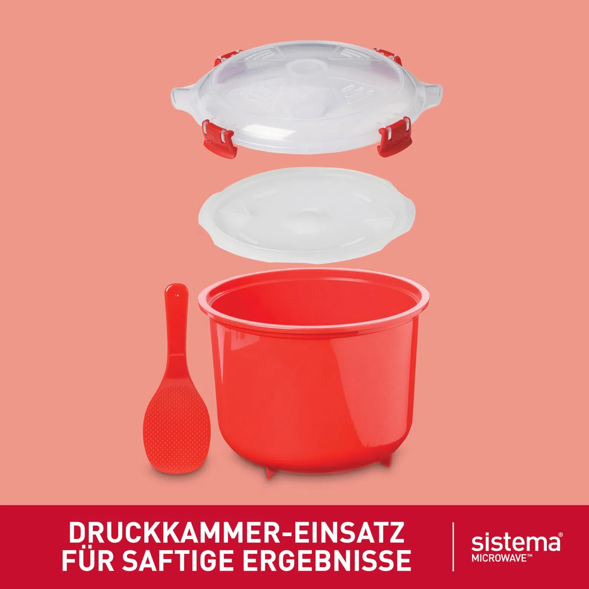 Sistema Microwave Reiskocher | 2,6 l | Spülmaschinenfester kleiner Reiskocher | BPA-frei | Rot