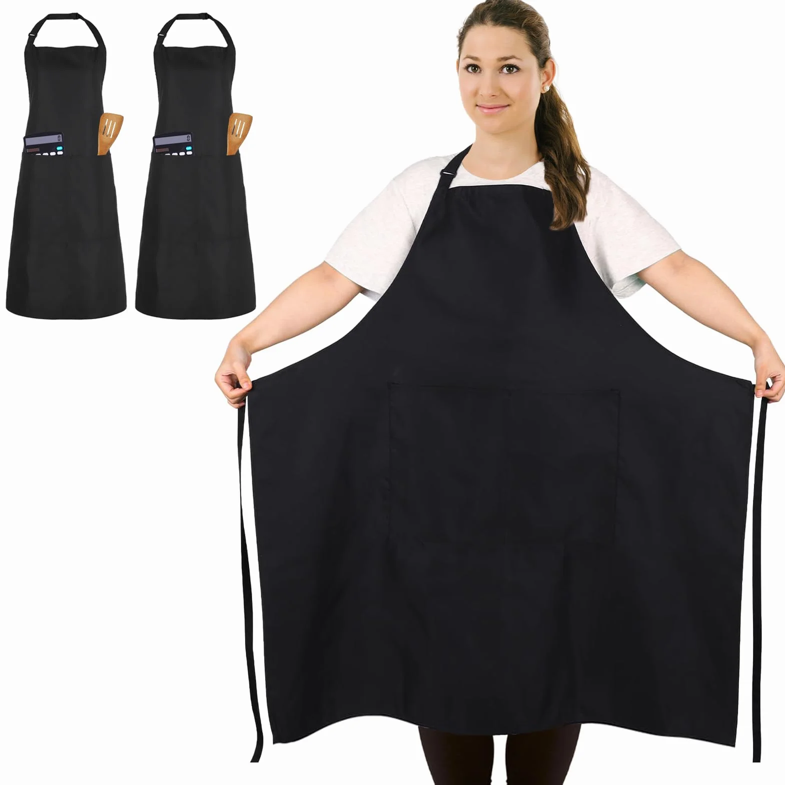 2 Stück Übergröße Kochschürze, Schwarze Schürze, Unisex Küchenschürze mit 2 Taschen zum Kochen, Grillen, Arbeiten, Professionelle Schürze für Kellner, Künstler, Friseur (Große Größe)