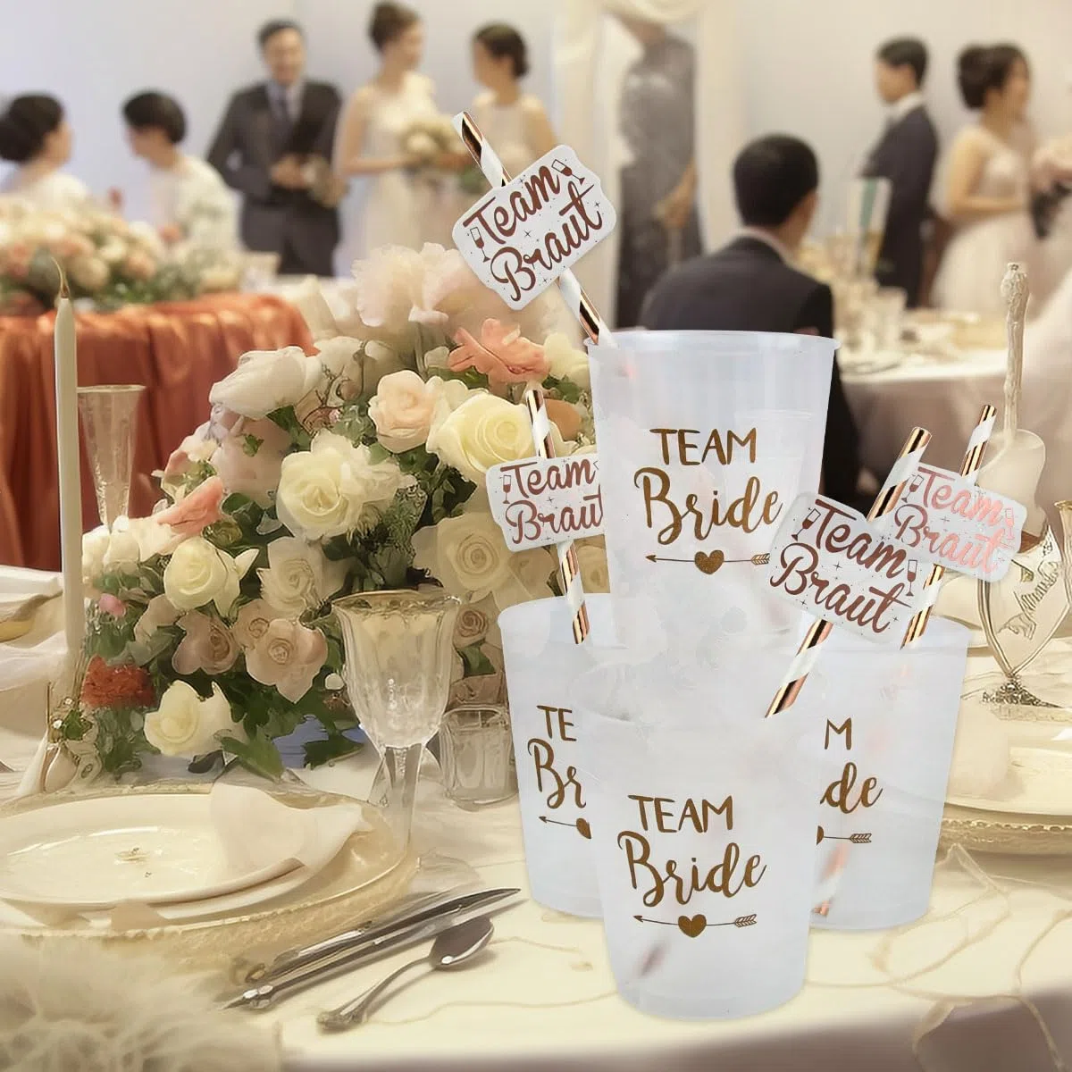 16 Set JGA Becher Braut Team Tassen,JGA Becher Bride Tribe Cups mit 16 Team Braut Strohhalme,20 JGA Bride to be Tattoo,Rose Gold Bridal Dusche Tassen,Bachelorette Party Cups für Verlobungsfeier