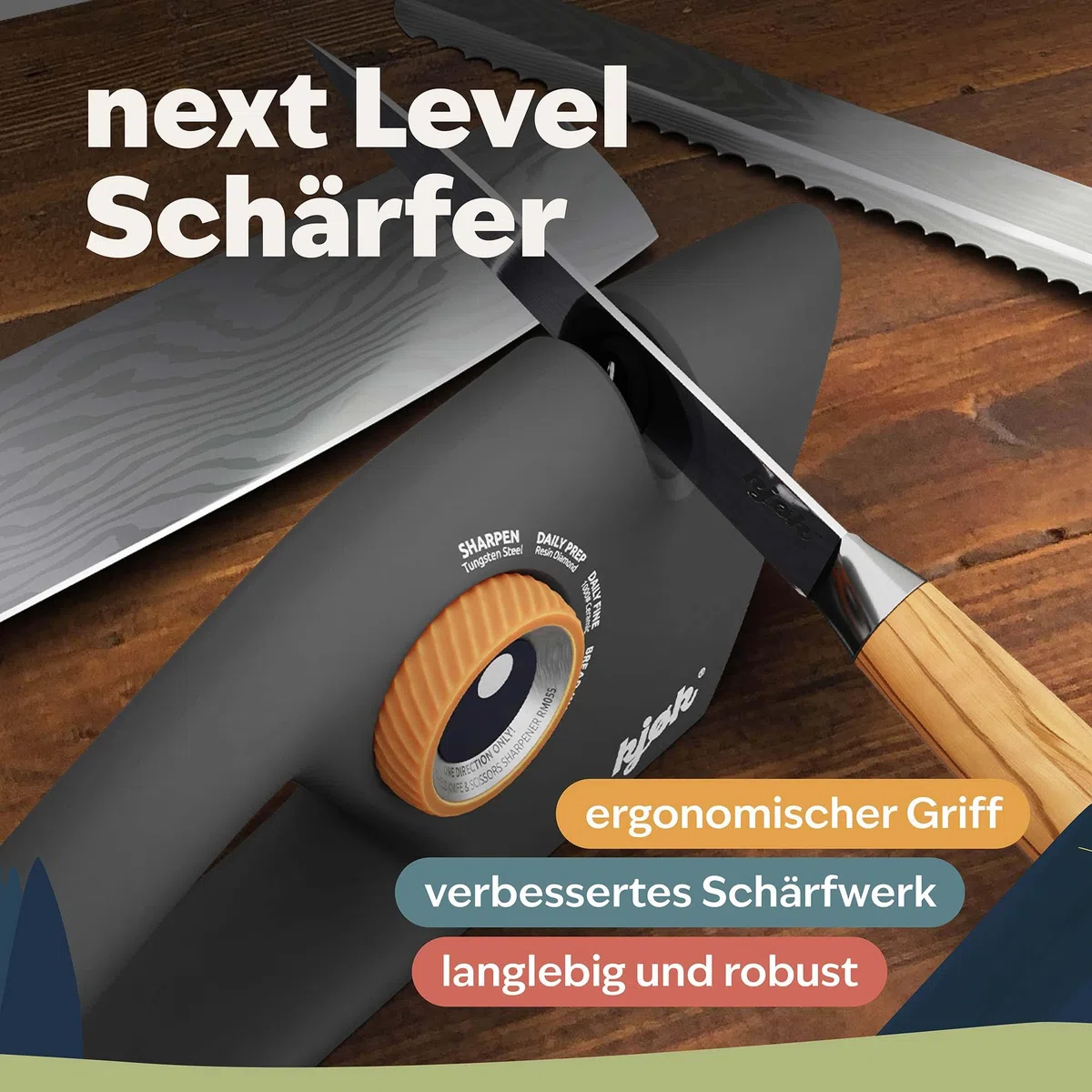 kjøk Premium Messerschärfer mit Drehknopf – 5 Stufen Diamant, Keramik & Wolframcarbid – Messerschleifer & Scherenschleifer mit einstellbarem Schärfwinkel – ABS schwarz-matt