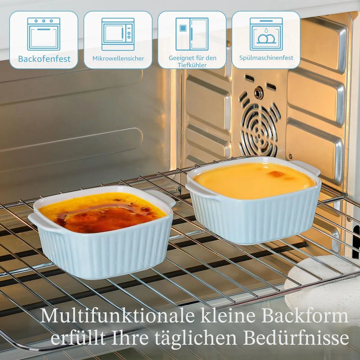 NUTRIUPS 13 Unzen Keramik-Auflaufformen-Set, 4er-Set, quadratische Auflaufformen, 400 ml kleine Auflaufform für den Luftfritteur, Keramik-Backgeschirr mit Griffen (Hellblau)
