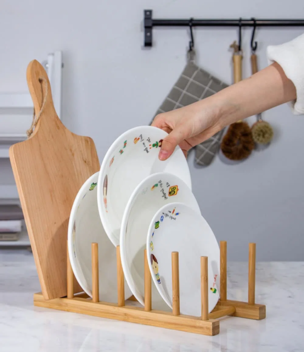 Lawei 4 Stück Bambus Abtropfgestell Bamboo Tellerständer Bambusregal Küche Holz Abtropfbrett Abtropffläche Lagerung Inhaber Platzsparend Küchenschrank-Organizer für Schüssel Tasse Schneidebret Buch