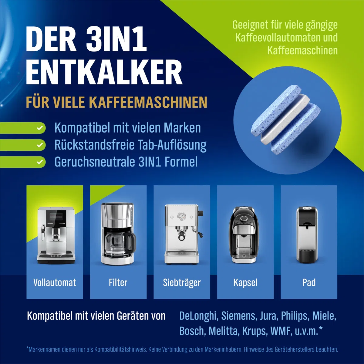 WoldoClean 3in1 Entkalkungstabletten Kaffeevollautomat 65 Stück Entkalker | Entkalker Tabs für Kaffeemaschine, kompatibel mit Siemens EQ Series, DeLonghi, Jura, Philips, Miele, Bosch