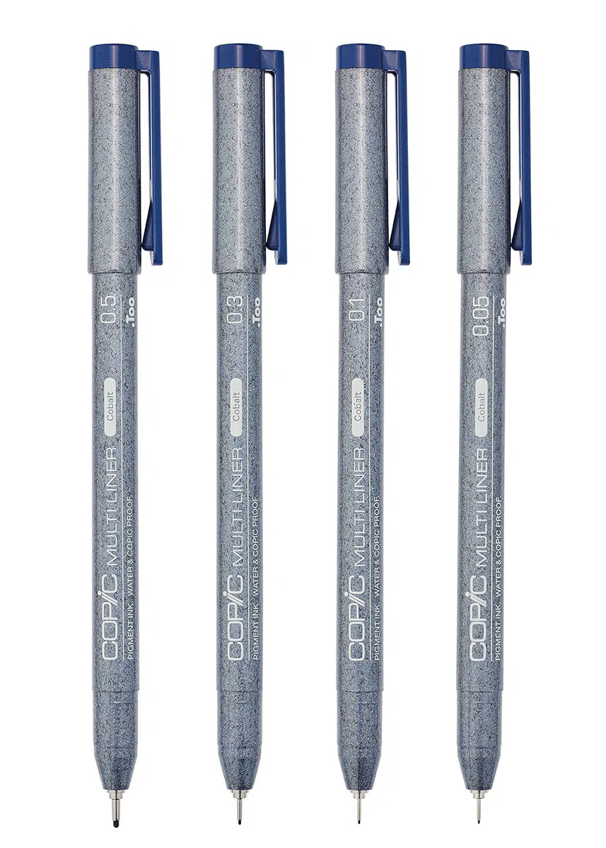 COPIC Multiliner Set, Cobalt, 4 Fineliner in verschiedenen Strichstärken, Zeichen Stifte mit einer feinen Spitze und wasserbeständiger Pigmenttinte