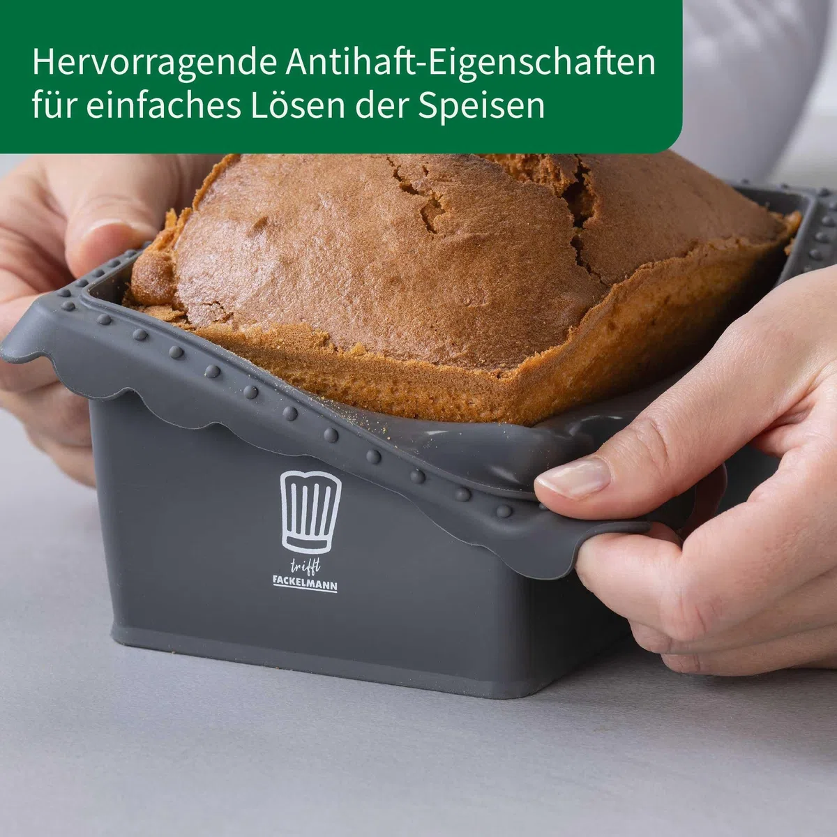 FACKELMANN Chefkoch trifft Mini-Kastenform für Heißluftfritteuse und Backofen – Ideal für Brot und Kuchen, Silikonform für Airfryer, Dunkelgrau, 17x13x7,5 cm, für 500g Teig geeignet