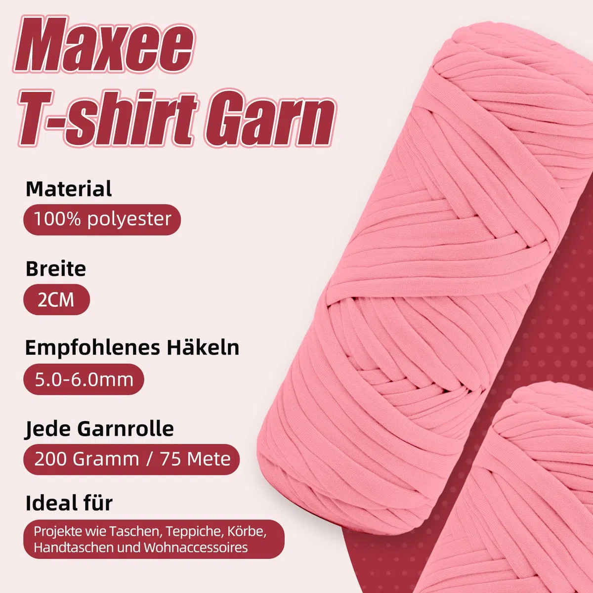 Maxee 400g T-Shirt Garn – 2 er Pack (je 200g/75m), Weiches Beilaufgarn zum Häkeln & Stricken – Farbintensiv & pflegeleicht, Ideal für Häkeltaschen/Körbe/Teppiche DIY Projekte, Handarbeiten und Deko