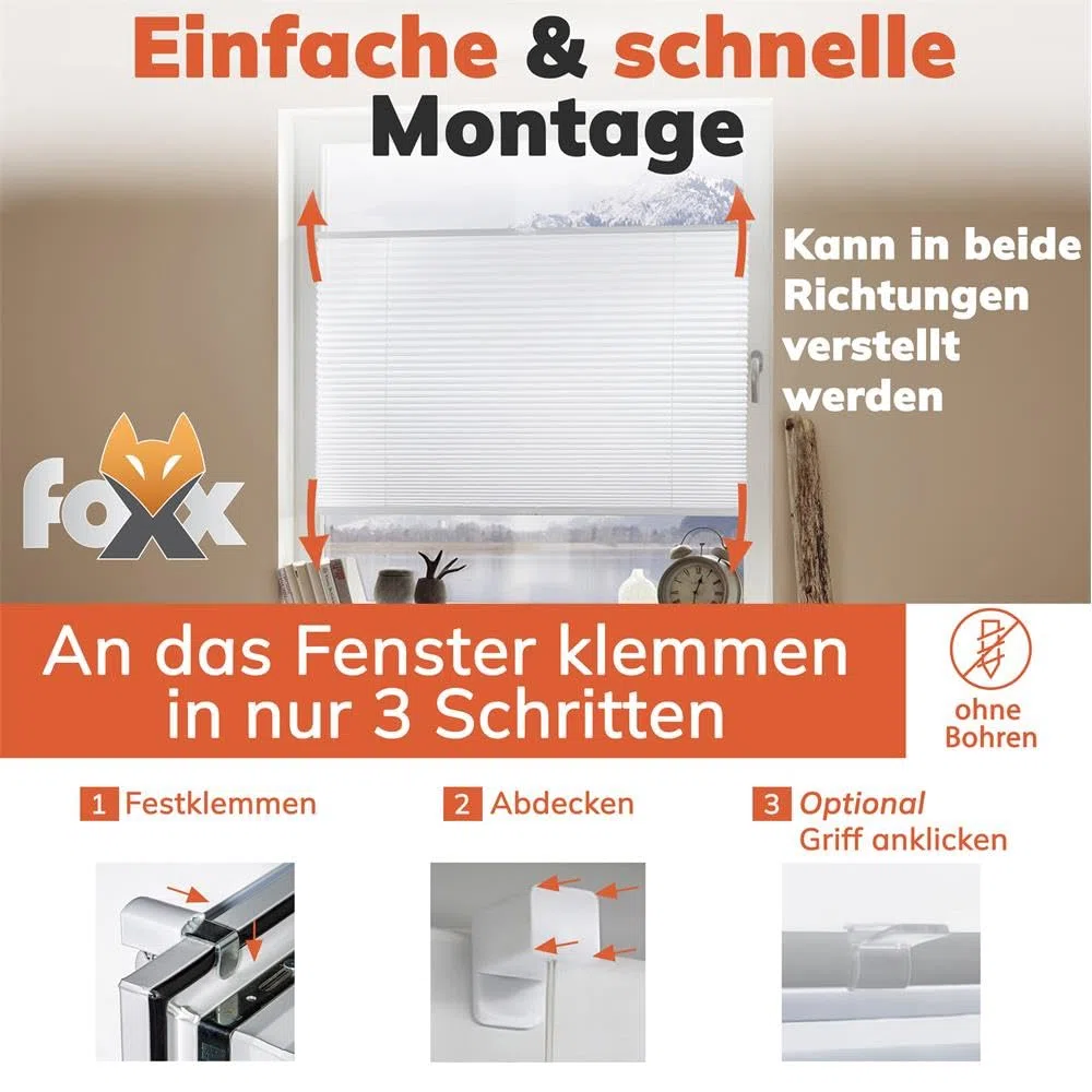 Plissee Klemmfix [Weiß, 60x140 cm] ohne Bohren für Tür & Fenster, Faltrollo mit einfacher Montage/Bietet optimalen Sichtschutz und Privatsphäre, idealer Sonnenschutz