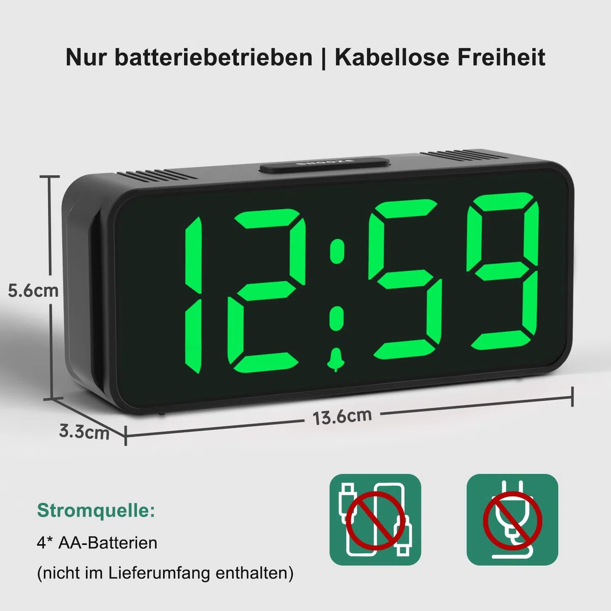 Eachui Wecker Digital Batteriebetrieben, Automatischer Dimmer, Ohne Ticken wecker für Kinder Kleiner, Uhr Lautstärke und Helligkeit Einstellbar, Snooze, 12/24HR(Grün Ziffern)