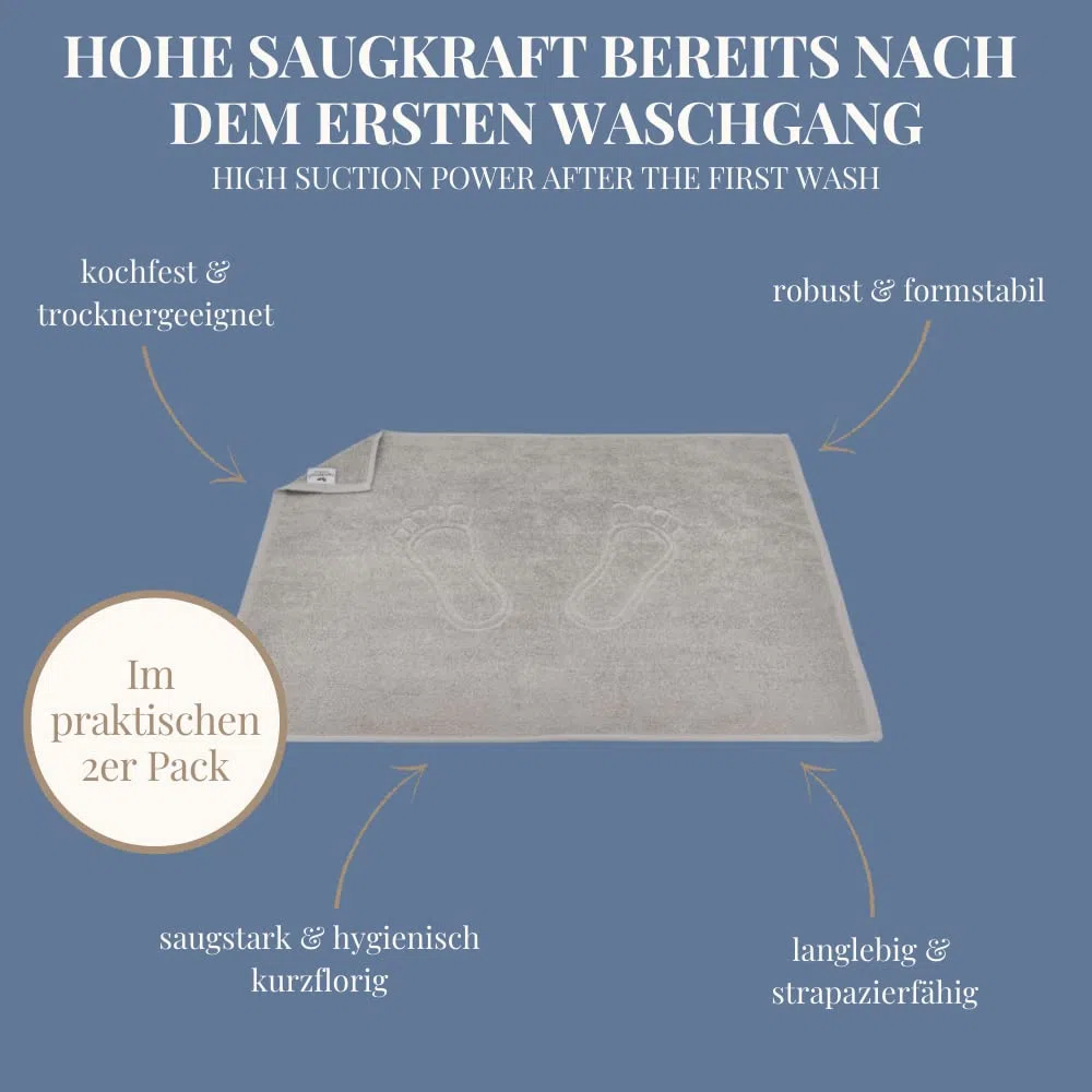 Carenesse 2er Set Badvorleger mit Fußabdruck 50 x 70 cm grau I Saugstarke Badematte aus Baumwolle: Premium Hotelqualität Öko-Tex 100 I Badematten Set kurzflorig I Duschvorleger dick & fusselfrei