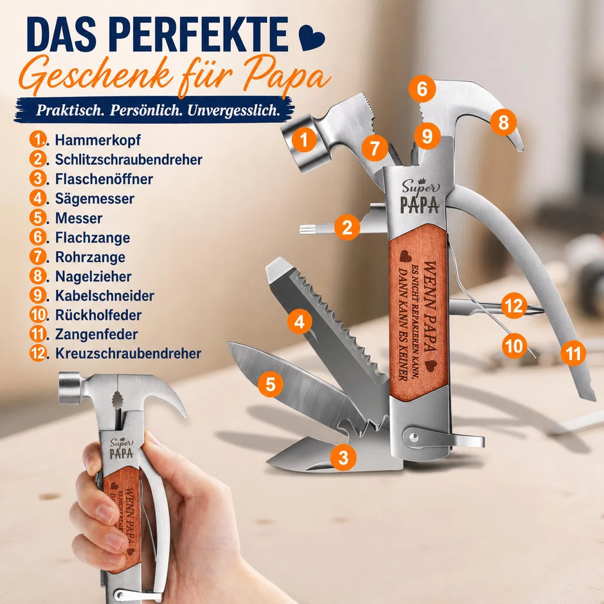 Bester Papa Geschenkset mit 13-in-1 Multitool und personalisiertem Zollstock, Vatertagsgeschenk für Papa mit Socken, Schlüsselanhänger und Karte