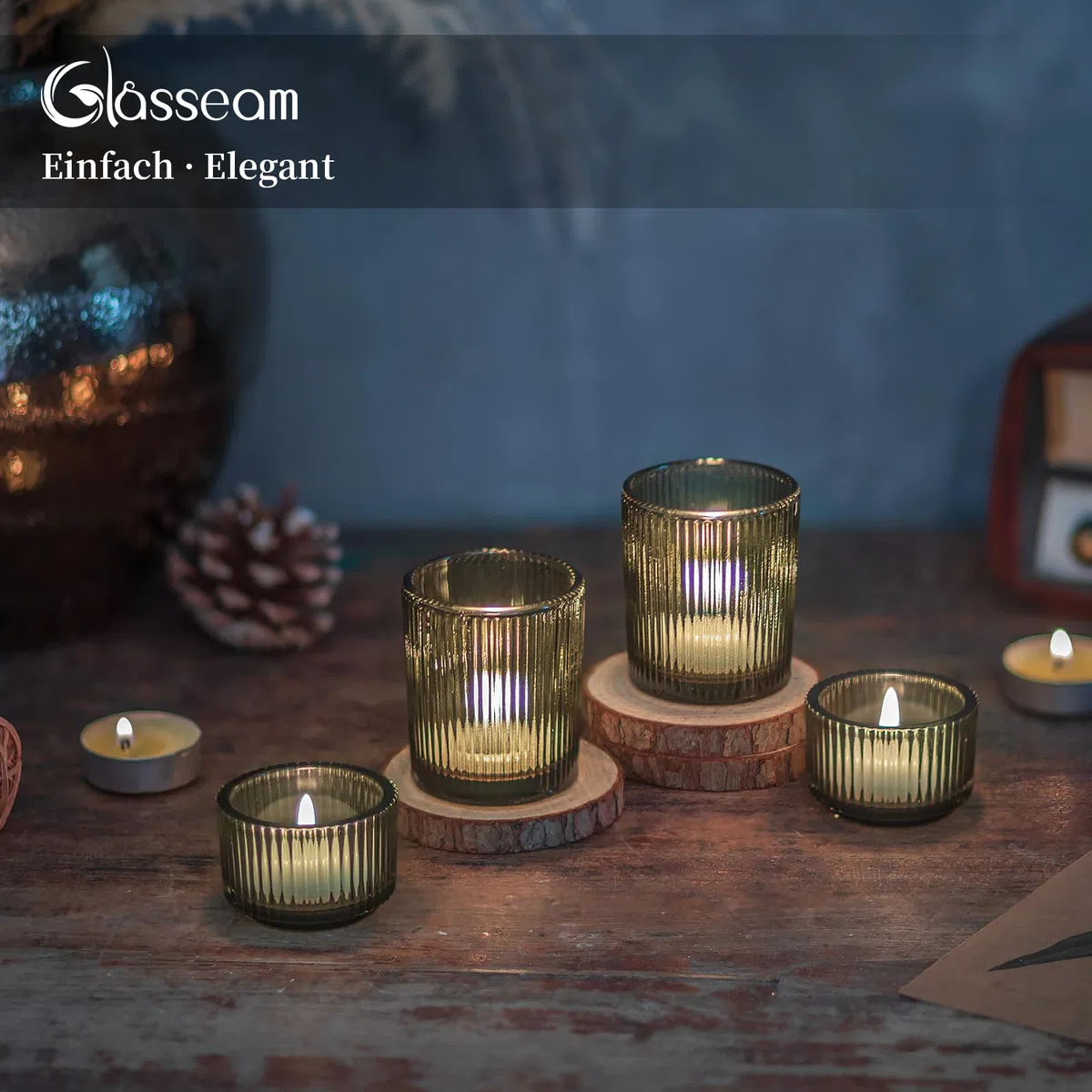 Glasseam Teelichtgläser Grün Teelichthalter Glas: 8er Set Teelichtglas Gerippt Teelicht Gläser für Tischdeko Klein Kerzengläser Votivkerzenhalter für Tisch Weihnachten Hochzeit Deko