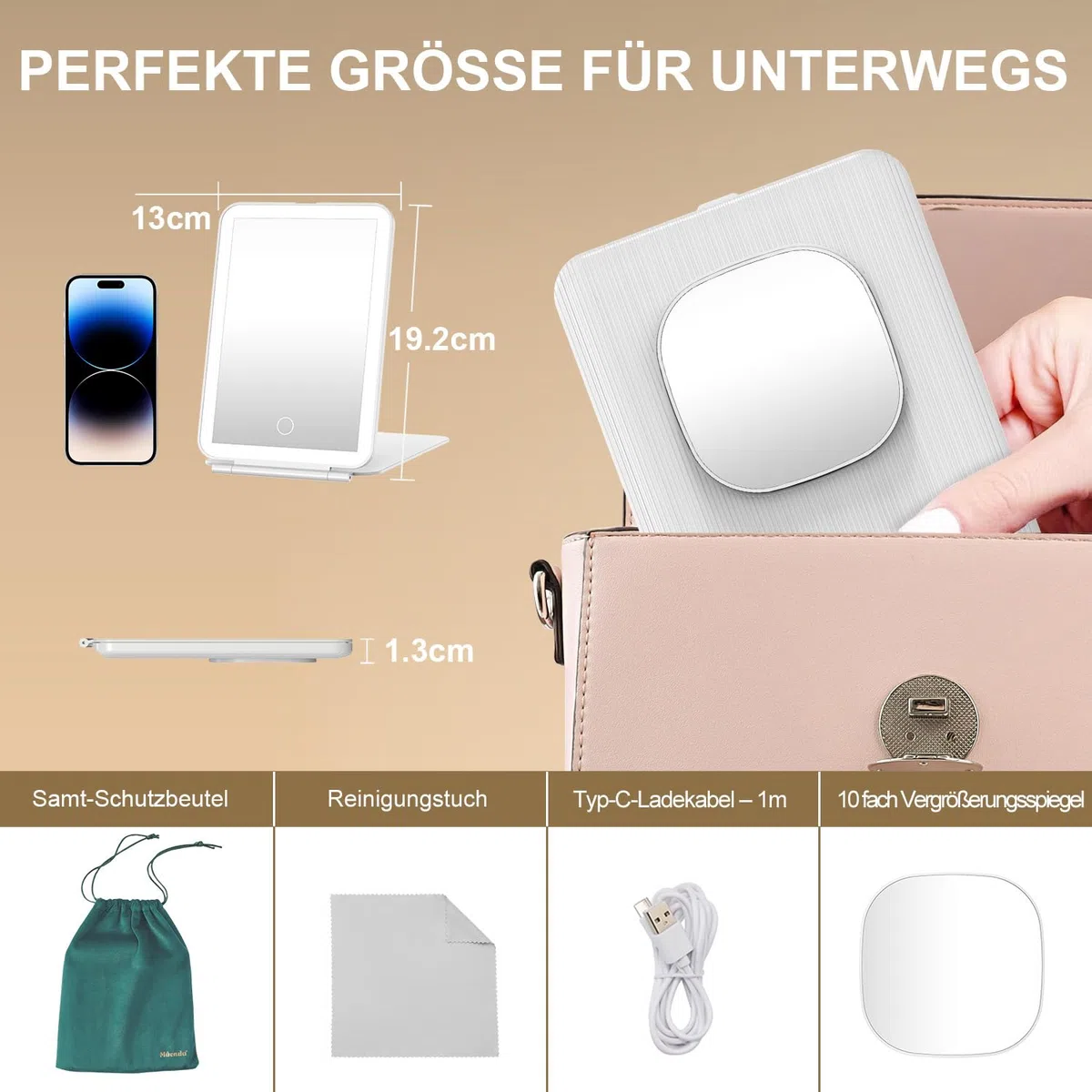 Mocado Reisespiegel mit Licht, Wiederaufladbarer Kosmetikspiegel mit Beleuchtung, 3 Lichtfarben & 72 LED Leuchten, 10-fach Mini Vergrößerungsspiegel, Tischspiegel für Zuhause Reise, Touchscreen - Weiß