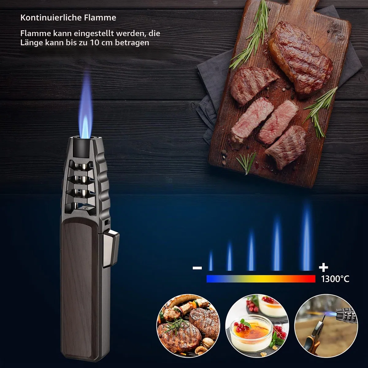 Butan-Feuerzeug, nachfüllbar, für die Küche, Kochfackel, winddicht, verstellbare Flamme, Solarstrahl, Backcreme, Brulee (Butangas nicht im Lieferumfang enthalten) (braun)