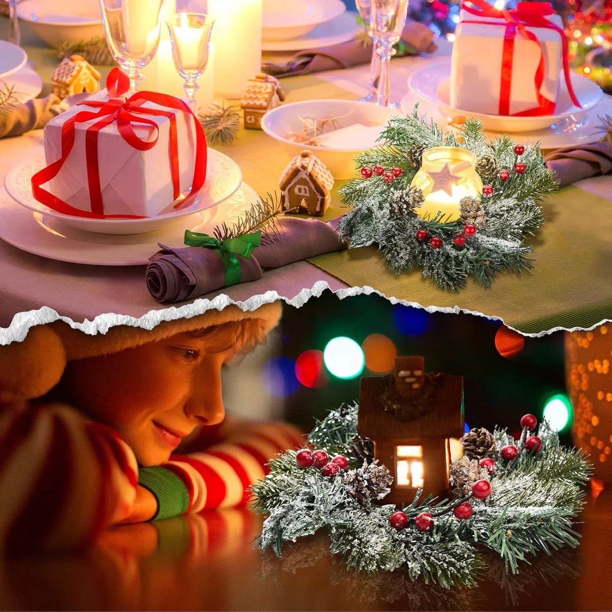KAHEIGN 4Pcs Weihnachtskerzen Ringe, 20CM Künstlicher Roten Beeren Kränze Weihnachtskerzenringe Verschneiten Tannennadeln Kerzenhalter für Weihnachten Tisch Deko, Tannenzapfen-Kerzenringgirlande