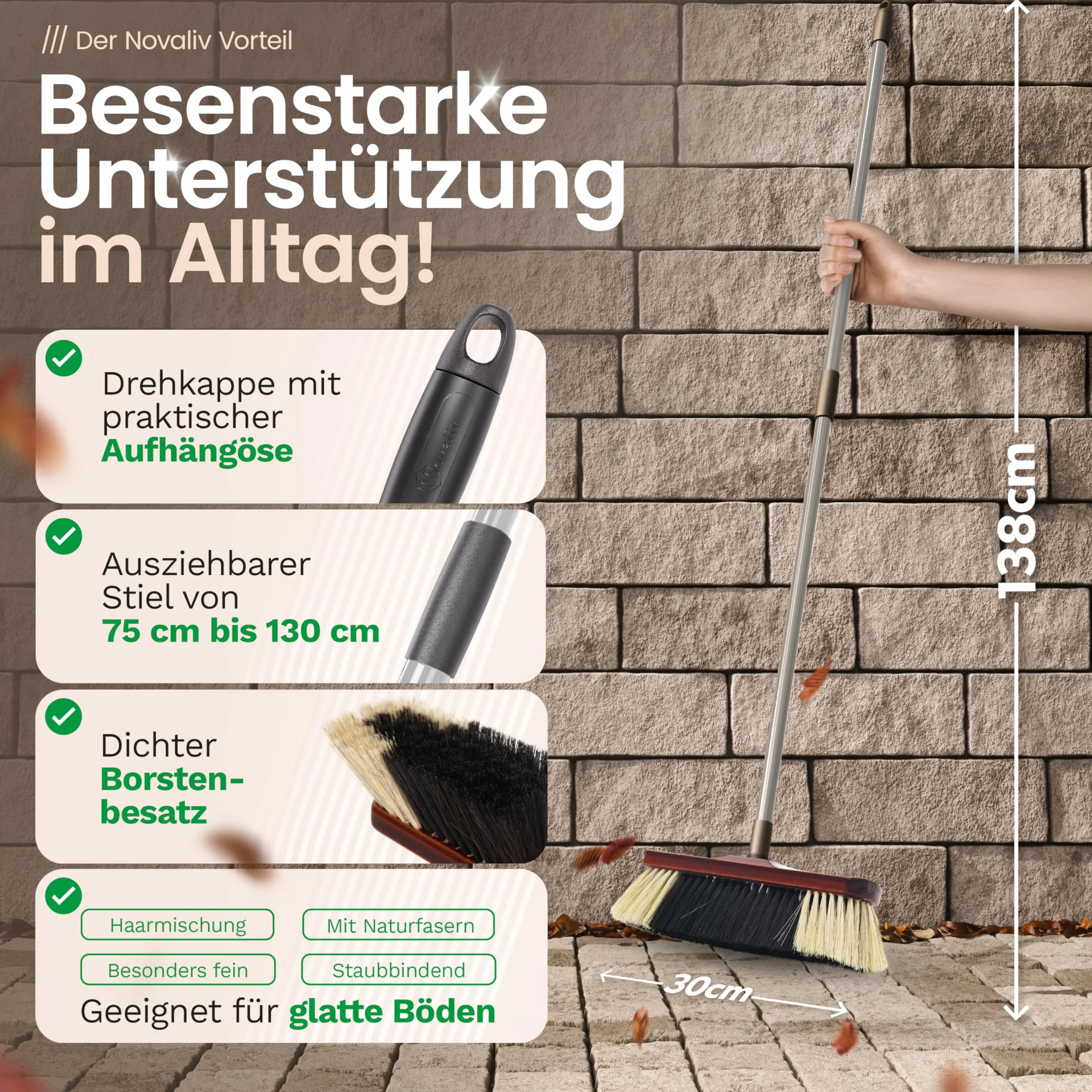 Novaliv Zimmerbesen mit Stiel ROSSHAAR Mischung Besen weiche Borsten Schrankbesen mit Teleskopstiel Gemischter Rosshaarbesen Besen für Laminat und Parkett Rosshaarbesen Naturborsten Stubenbesen
