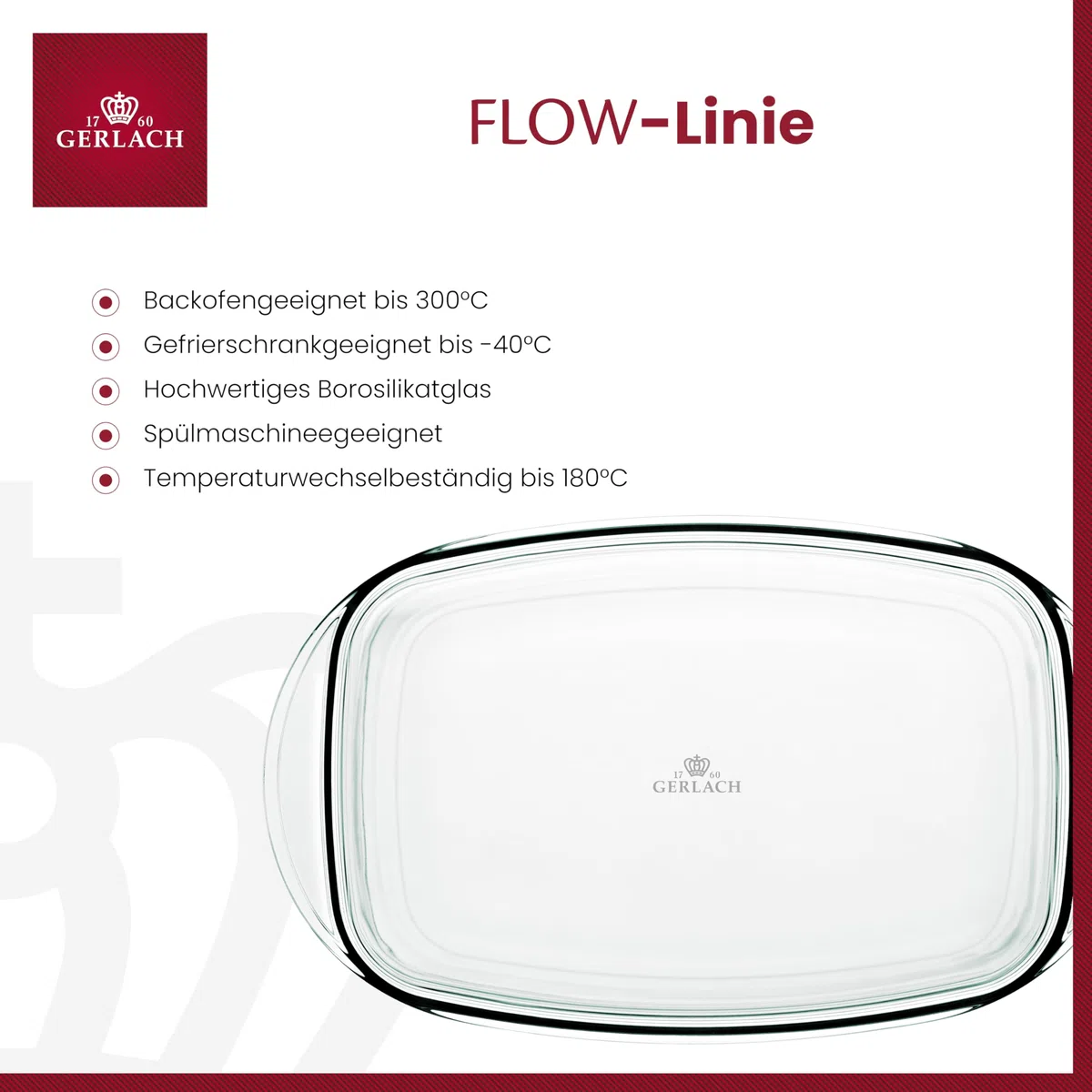 Gerlach 1760 Auflaufform 4,5 l Aus Hitzebeständigem Glas Borosilikatglas Mit Deckel Rechteckig 27 x 18 cm Für Backofen Gefrierfach Flow