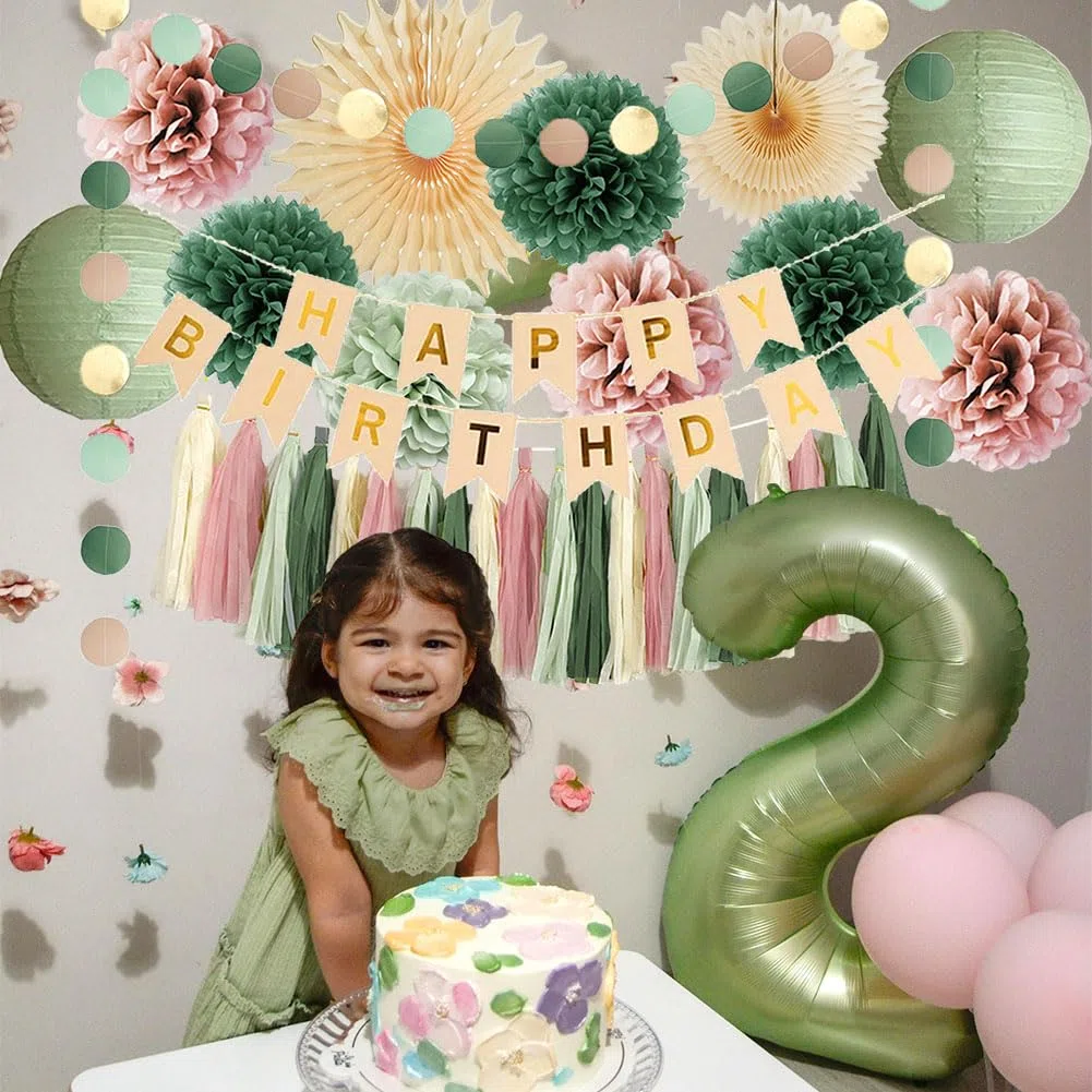 Geburtstagsdeko Salbeigrün Rosa Mädchen Party Deko Geburtstag Grün Rosa Frau Retro Boho Geburtstagsdeko Olivgrün Rosa mit Happy Birthday Banner Beige Gold Salbei Creme Dusty Rose Quaste Girlande