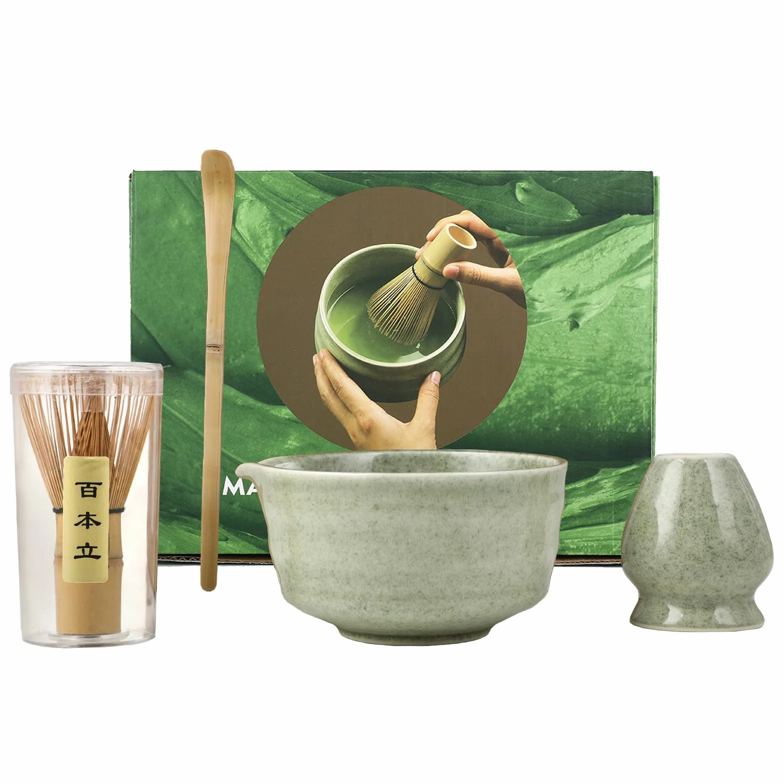 Matcha-Set - Matcha Besen Set - 4-teiliges Matcha-Tea-Set, Matcha-Besen, Matcha-Schale, Chasen und Matcha Löffel - Matcha Zubehör für die Teezeremonie - Geschenk in Grün für Zuhause und Büro