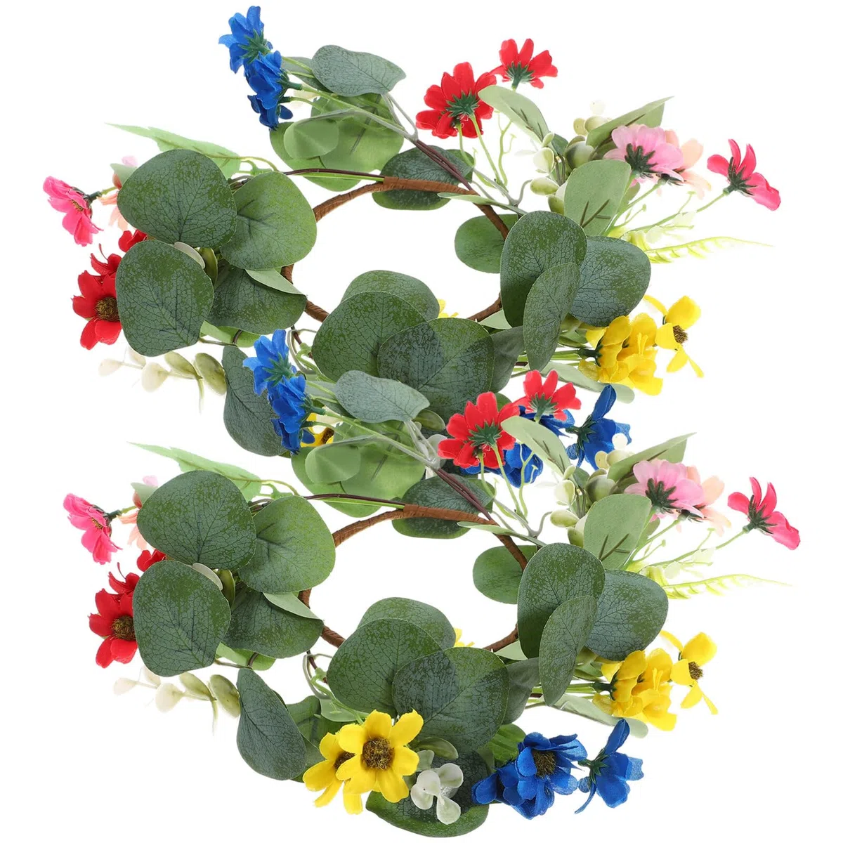 MAGICLULU Kerzenringe aus Robustem Pe Stoff mit Künstlichen Eukalyptusblättern 2 Stück Tischdekoration and Kleinen Gänseblümchen and Festival Rustikaler Kranz für Hochzeit