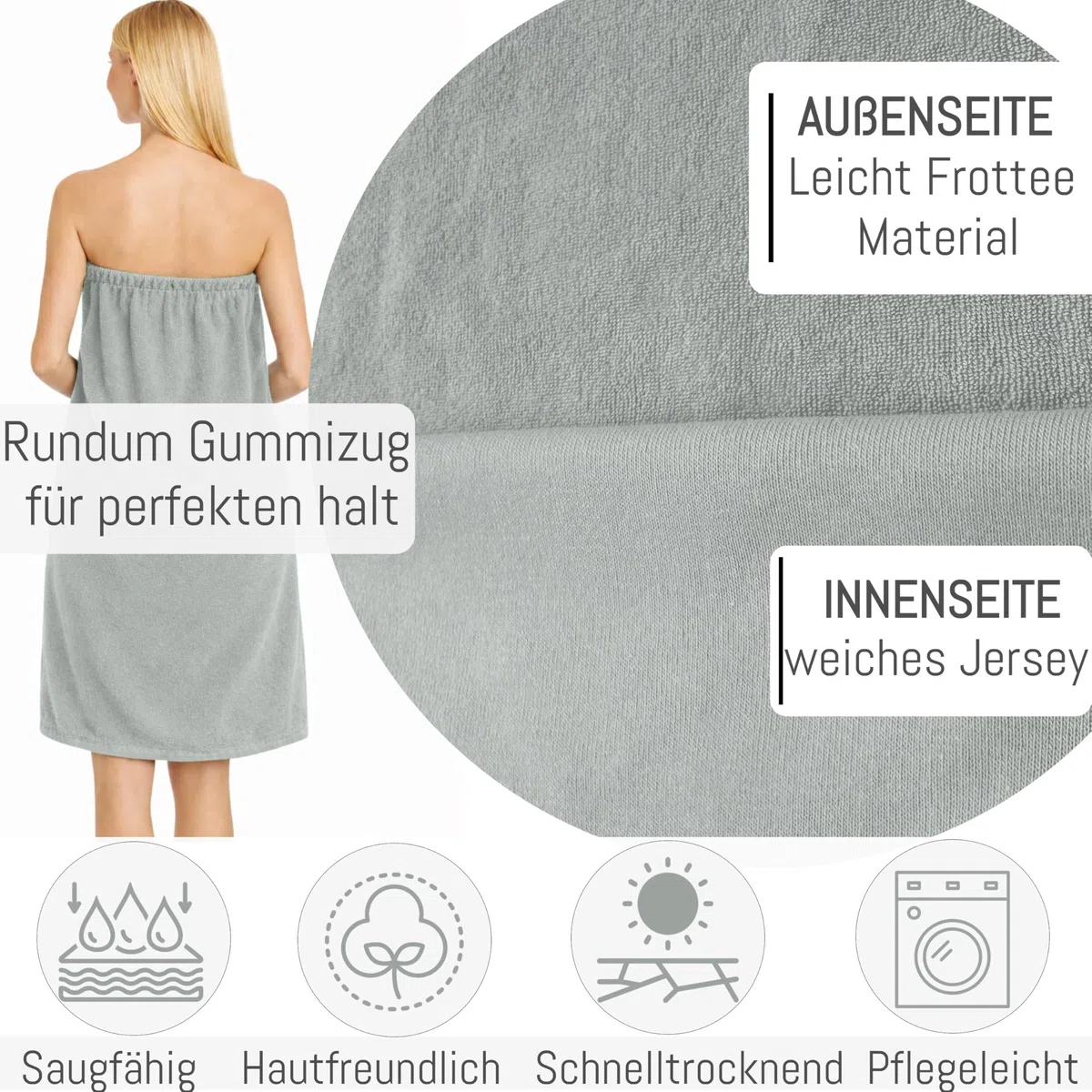Leicht Frottee Saunakilt Damen - Saunahandtuch Baumwolle mit Gummizug und Knopf Saunakleid Saunatuch Sauna Handtuch Kleid Frauen Kilt (Hellgrau)