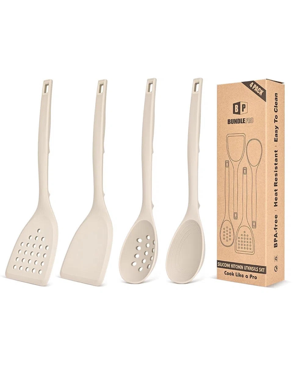Packung von 4 Silikon Kochgeräte Set, Non-Stick-Festspalten und hitzebeständige Schlitzlöffel mit Rücken Haken, Ideale BPA-freie Küchenutensilien Set für Braten, Servieren, Drehen, Rühren(KHAKI)