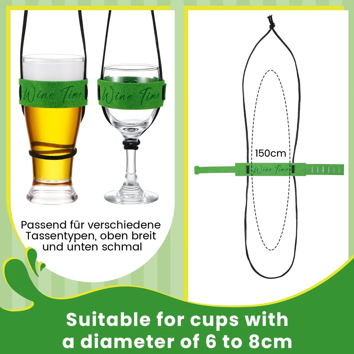 Hestya 6 Stück Weinglasalter zum Umhängen aus Filz Tragbare Weinglas Halterung Hals Becherhalter Glashalter Hängend Weinglas zum Umhängen für Weinfest Geburtstag Weihnachte Picknicks(Grün)