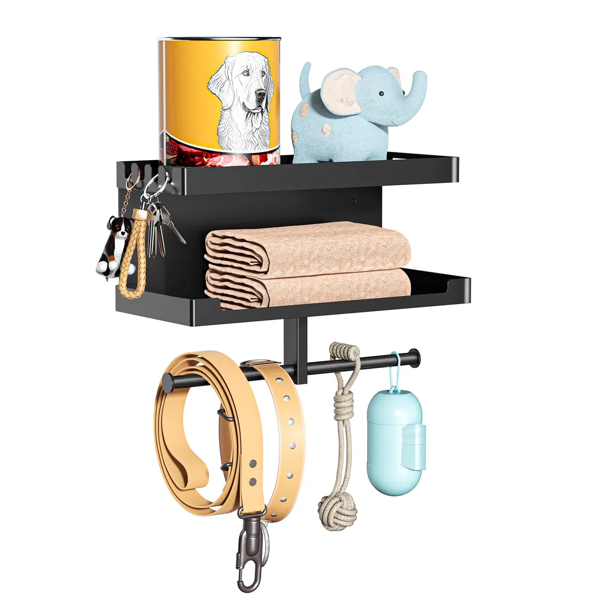 Hundegarderobe mit Ablage, Hundeleinen Halterung Wand, Schwarz Wandhalter für Hundeleine, Metall Hunde Garderobe Schlüsselbrett, für Hundeleine, Trainingsleckerlis, Kauspielzeug, Schlüssel, Groß
