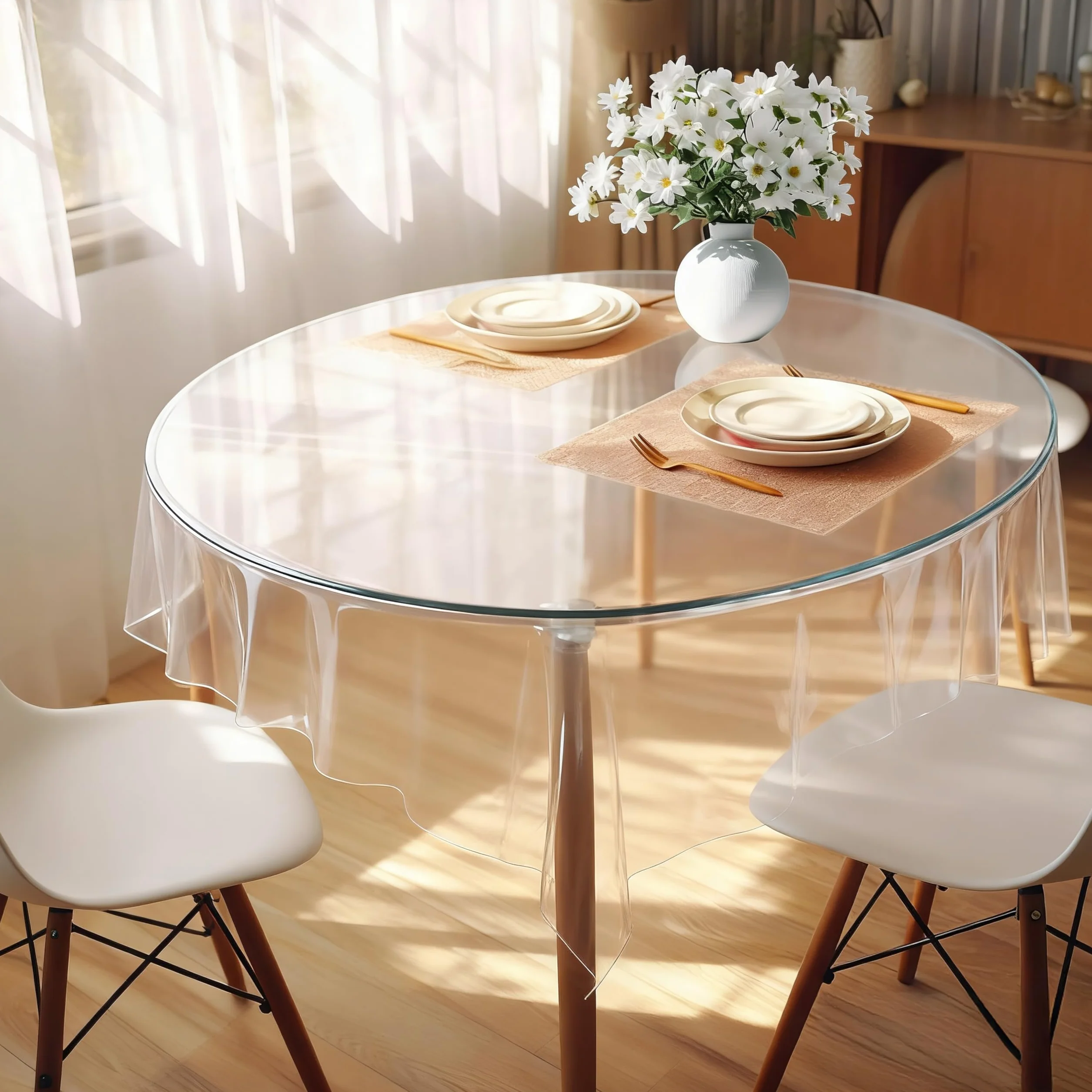 Durchsichtige Tischdecke Abwaschbar, 160cm Rund Tischfolie Durchsichtig PVC 0.13mm Stark Tischdecke Transparent Plastik Klarsichtfolie Wasserdicht Fettdicht Tischschutzfolie für Hochzeiten