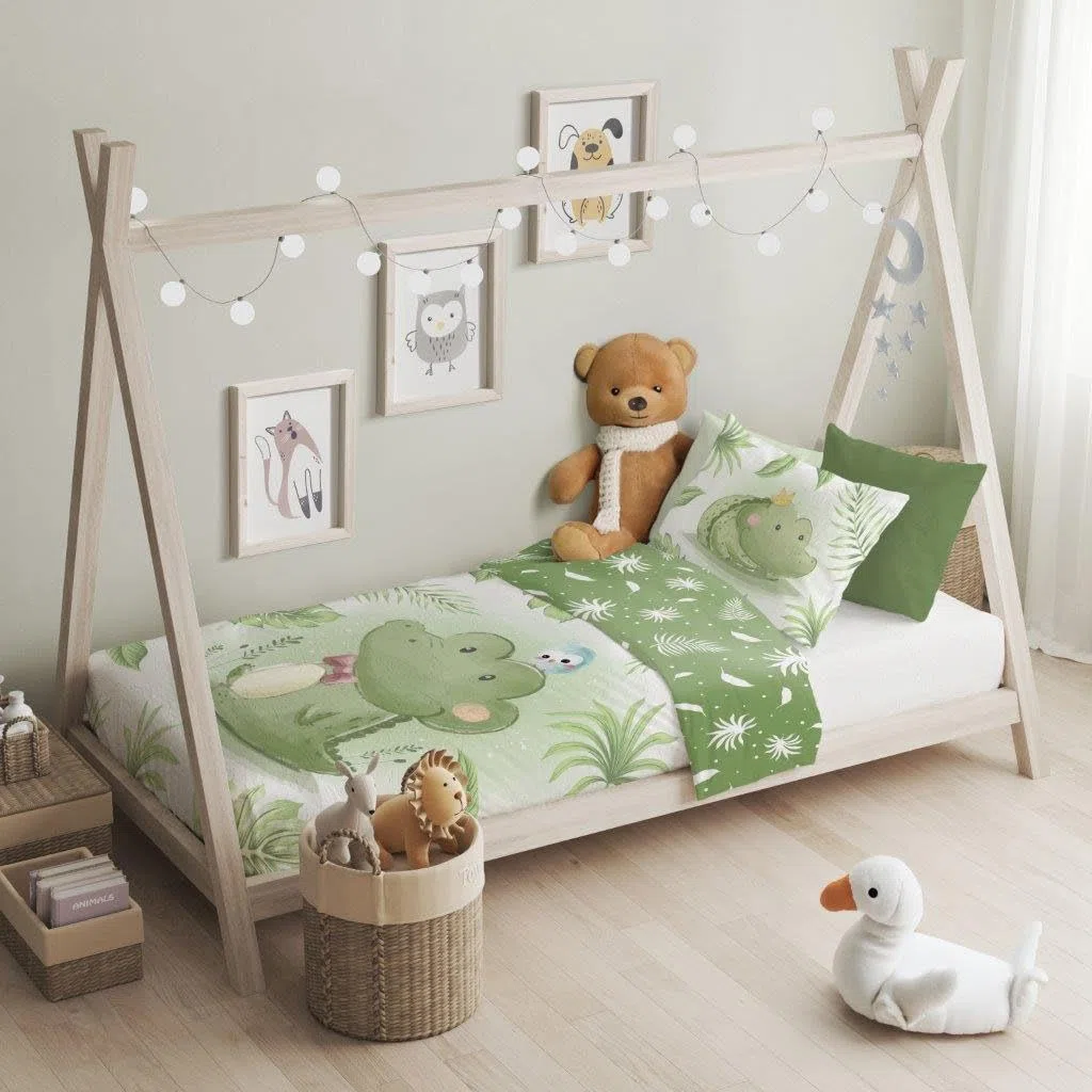Kinderbettwäsche Set Motiv Krokodil Druckmotiv 100% Baumwolle Reißverschluss pflegeleicht Bettbezug 100x135 cm + Kissenbezug 40x60 cm