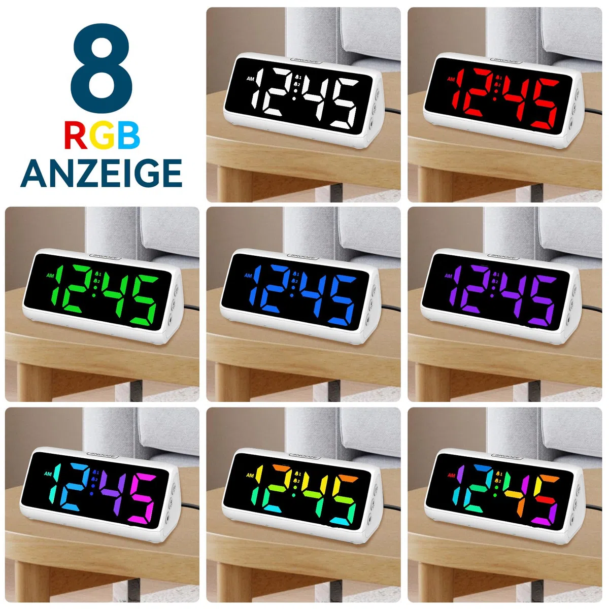 Wecker Laut für Tiefschläfer, Lauter Wecker mit Vibration, Doppelalarm, RGB-Anzeige, 5 Helligkeitsstufen, 4 Lautstärken, Snooze, Vibrationswecker für ältere Menschen Teenager Gehörlose Hörgeschädigte