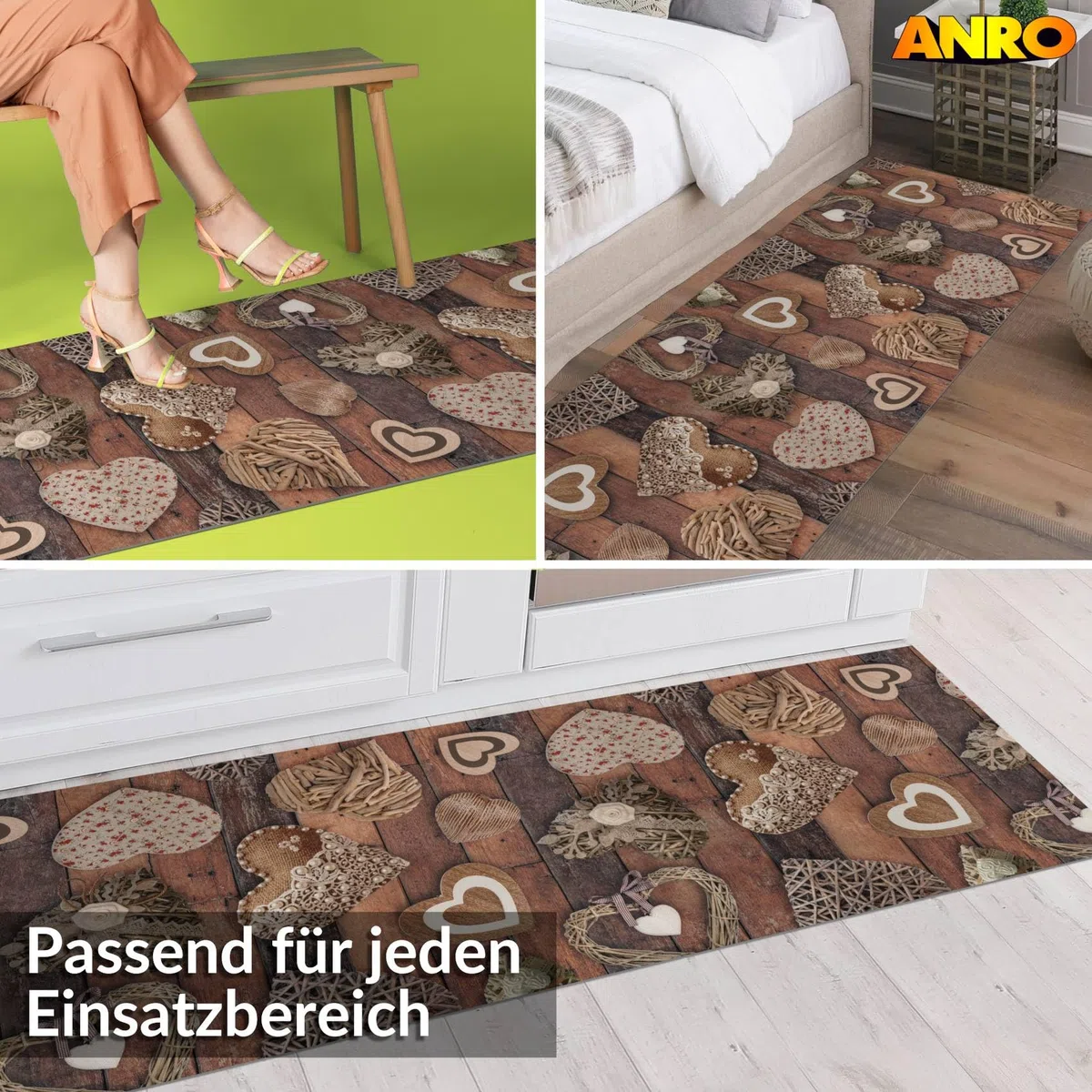 ANRO Küchenläufer Teppichläufer abwaschbar Läufer Flur rutschfest pflegeleicht Holz Liebe 100 x 52 cm