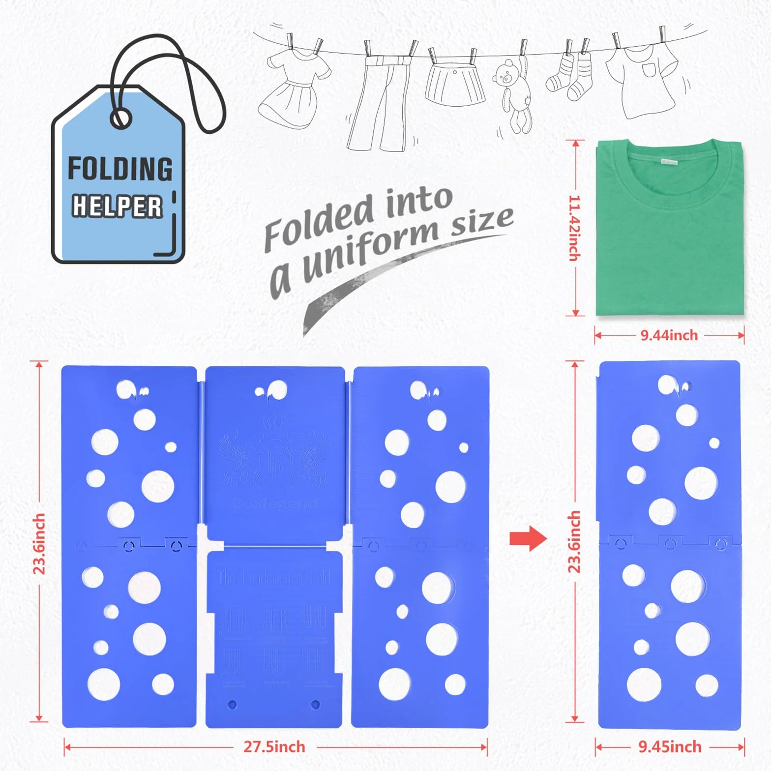BoxLegend V5 Faltbrett Für Kleidung Tshirt Falzbrett Falthilfe für Wäsche Zusammenlegen Brett Hemd T-shirt für Erwachsene Wäschefalter T Shirt Falter Blau