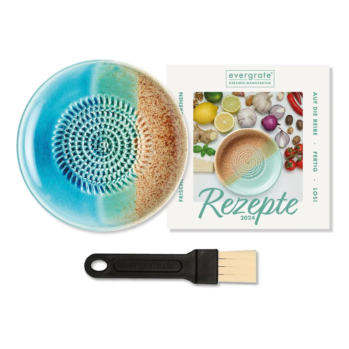 evergrate Keramikreibe im Motiv Ocean mit Küchenpinsel und Rezeptheft
