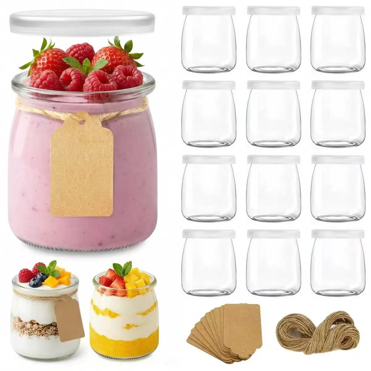 200 ml Durchsichtige Joghurtgläser mit Deckel (12 Stück),Dessertgläser Mit Deckel,mit Seil und Anhänger,Für Marmelade, Honig, Desserts, Kerzen, Spülmaschinen-,Gefrierschrank- &Mikrowellenfest